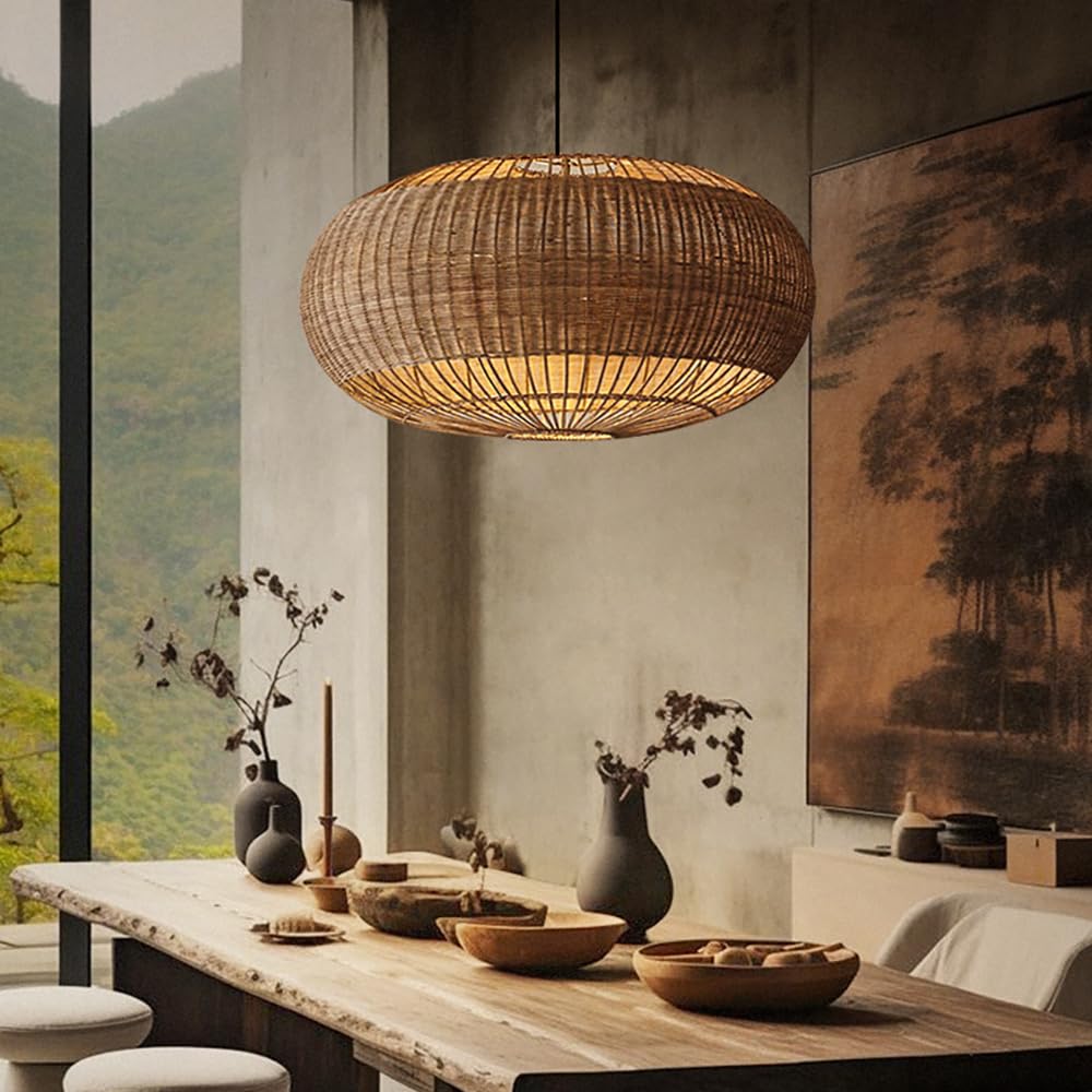 Rattan Handwoven Pendant Lights Adjustable Bamboo Wicker Hanging Lamp, Pendantt Light Fixture With Drum Basket Shade 1 Light Woven Pendant Light For Dining Room Living Room (Not Bulb Included) YUJIDAO