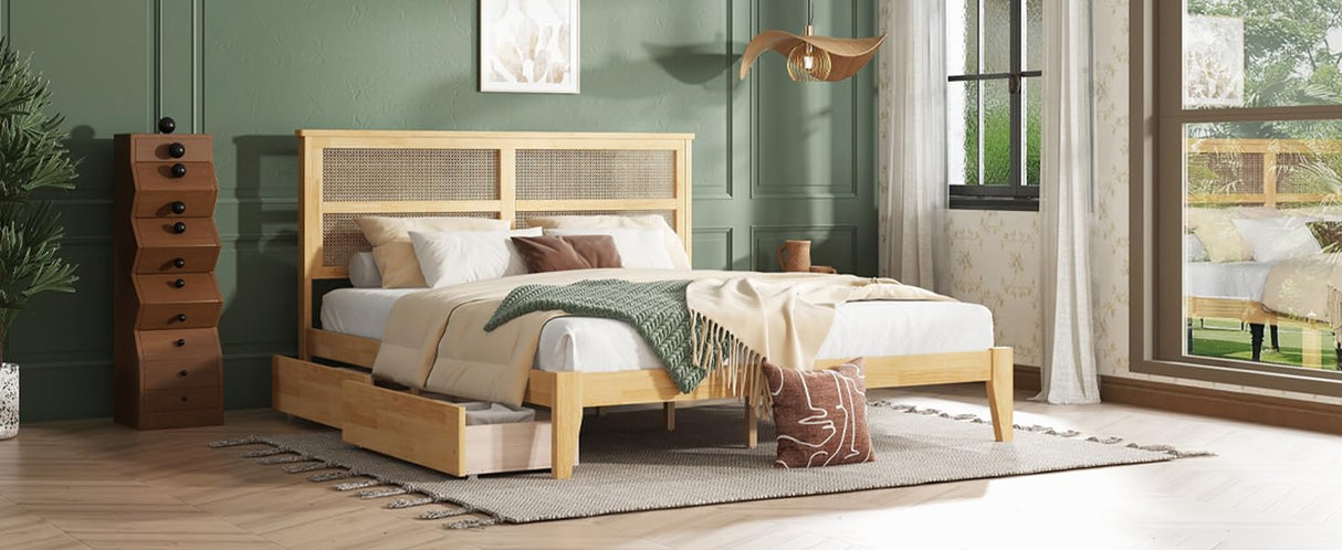 Ball & Cast King Size Platform Bed Frame with Two Storage Drawers,Rattan Headboard and Support Salts & Feet,Rubber Wood Bed with Underbed Storage Space,for Bedroom,Guest Room,Living Room,White Oak Ball & Cast