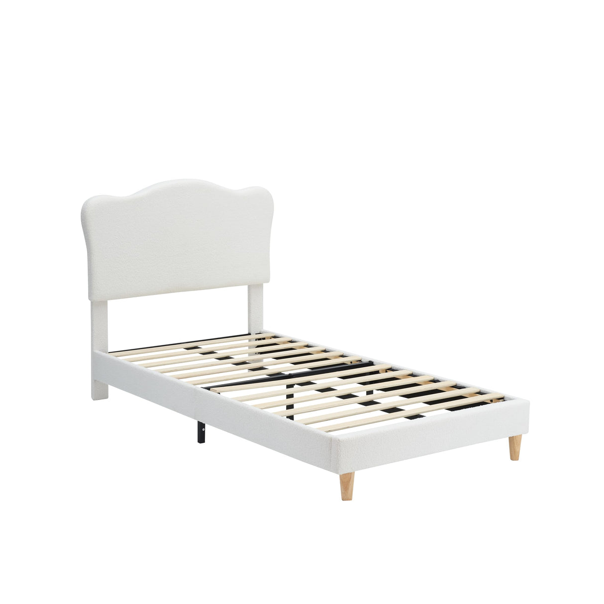 GarveeHome Upholstered Twin Size Bed Frame for Kids with Scallop Headboard, Cute Velvet Twin Bed for Girls, Boys, Sturdy Platform Bed, No Box Spring Needed, Wooden Slats, Noise Free, White GarveeHome