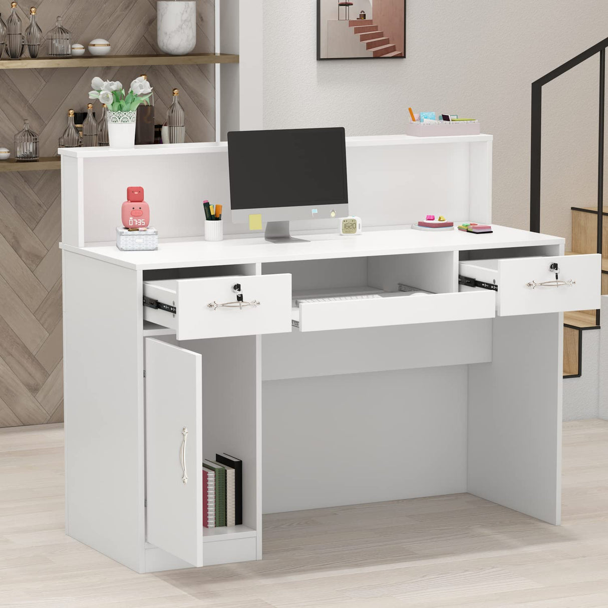 ECACAD Reception Desk with Light, Display Shelf & Lockable Drawers, Office Desk Reception Counter Table with Keyboard Tray and Door, White (47.2”W x 19.7”D x 39.2”H) ECACAD