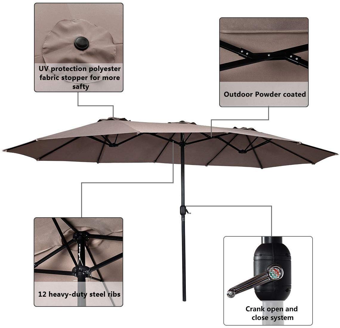 15x9 Ft Double Sided Outdoor Umbrella, Market Table Umbrella w/Crank, Patio Umbrella Extra Big for Beach/Poolside/Backyard/Campsite, Tan outdoor basic