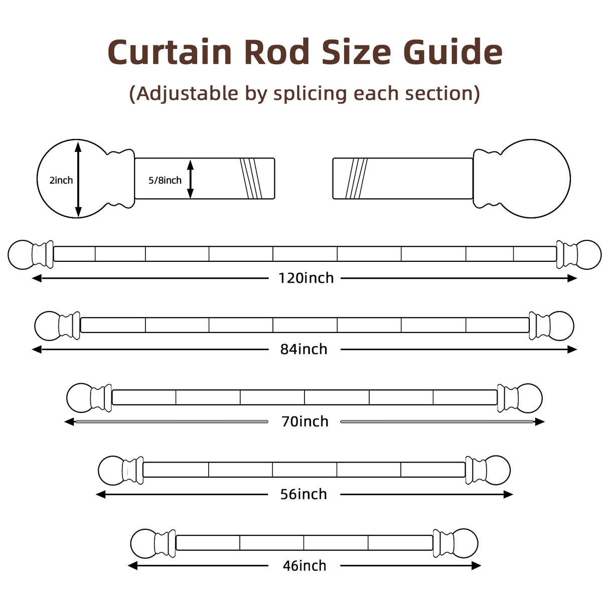 SMODBRODRE Curtain Rods for Window 32 to 62, Brown 5/8 inch Splicing Single Window Curtain Rod Set with Brackets SMODBRODRE