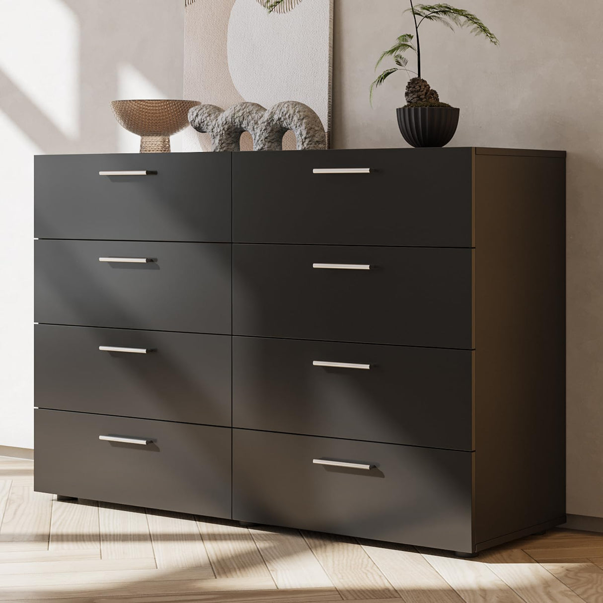 GODECOR 8 Drawer Dresser for Bedroom, Black Chest of Drawers, Wooden Bedroom TV Stand, Large Dresser Storage Chest with Deep Drawers, Living Room Furniture, 55.1" GODECOR