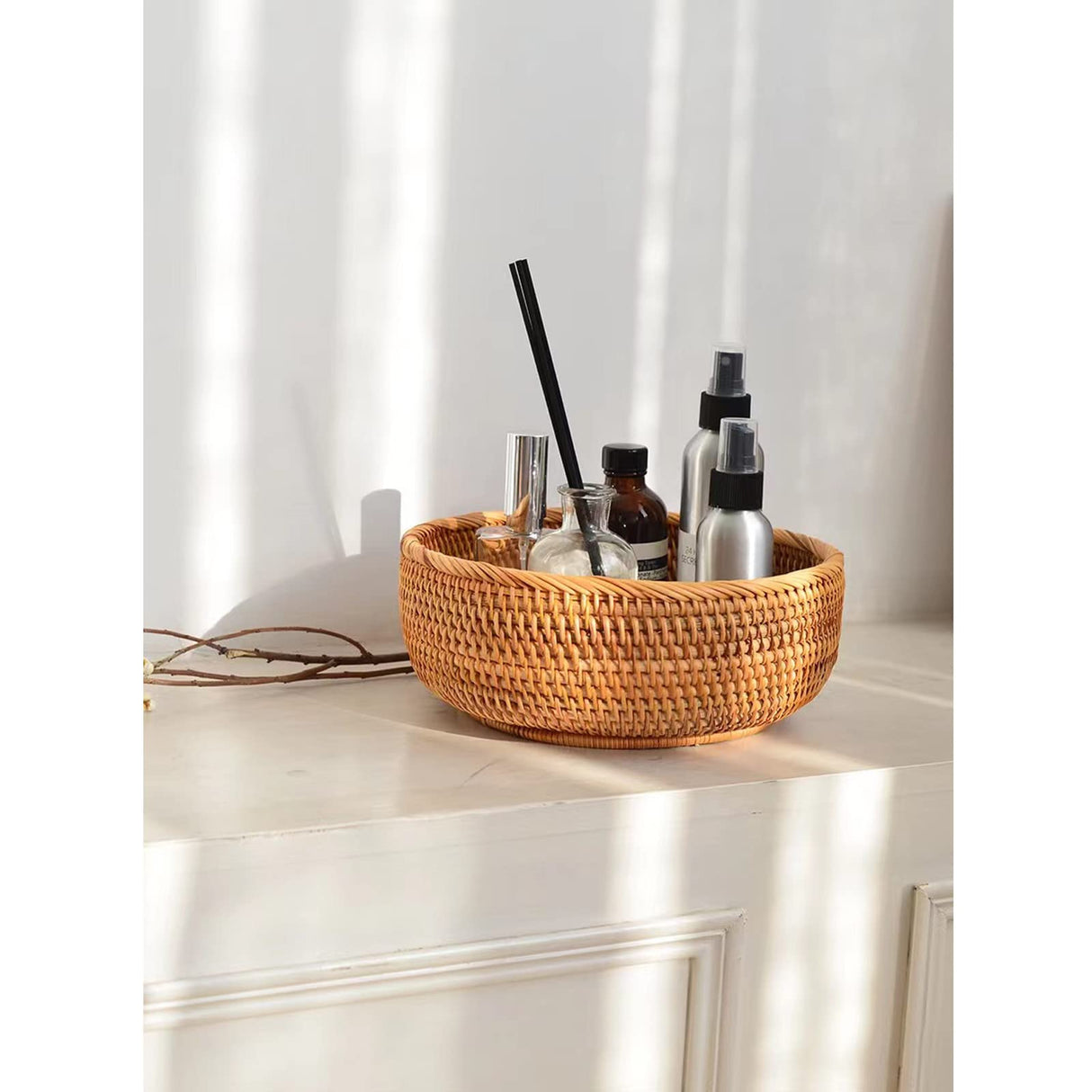 Junnfun Round Rattan bread Basket - Natural Wicker Fruits Bread Basket,Round Fruit Woven Basket Bowls,Handmade Rattan Bread Basket for Serving,Handwoven Storage Serving Baskets,Honey Brown 10.2" Junnfun