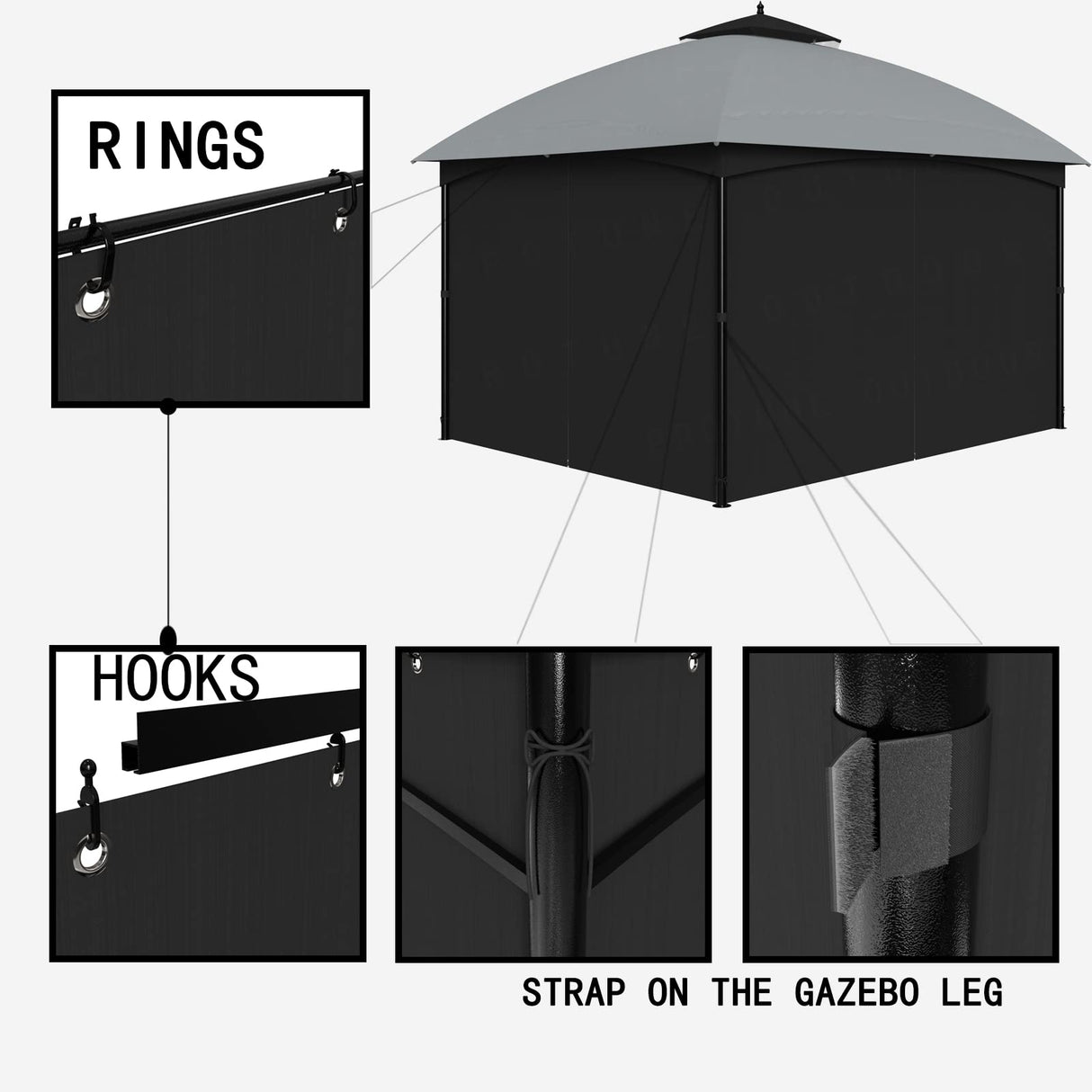 SunCula Replacement 10'x10' Gazebo Curtains Waterproof, Universal Privacy Shade Curtains 4-Panels sidewall with Zipper, Outdoor Curtains for Patio, Backyard, Garden-Black (Only Curtains) SunCula