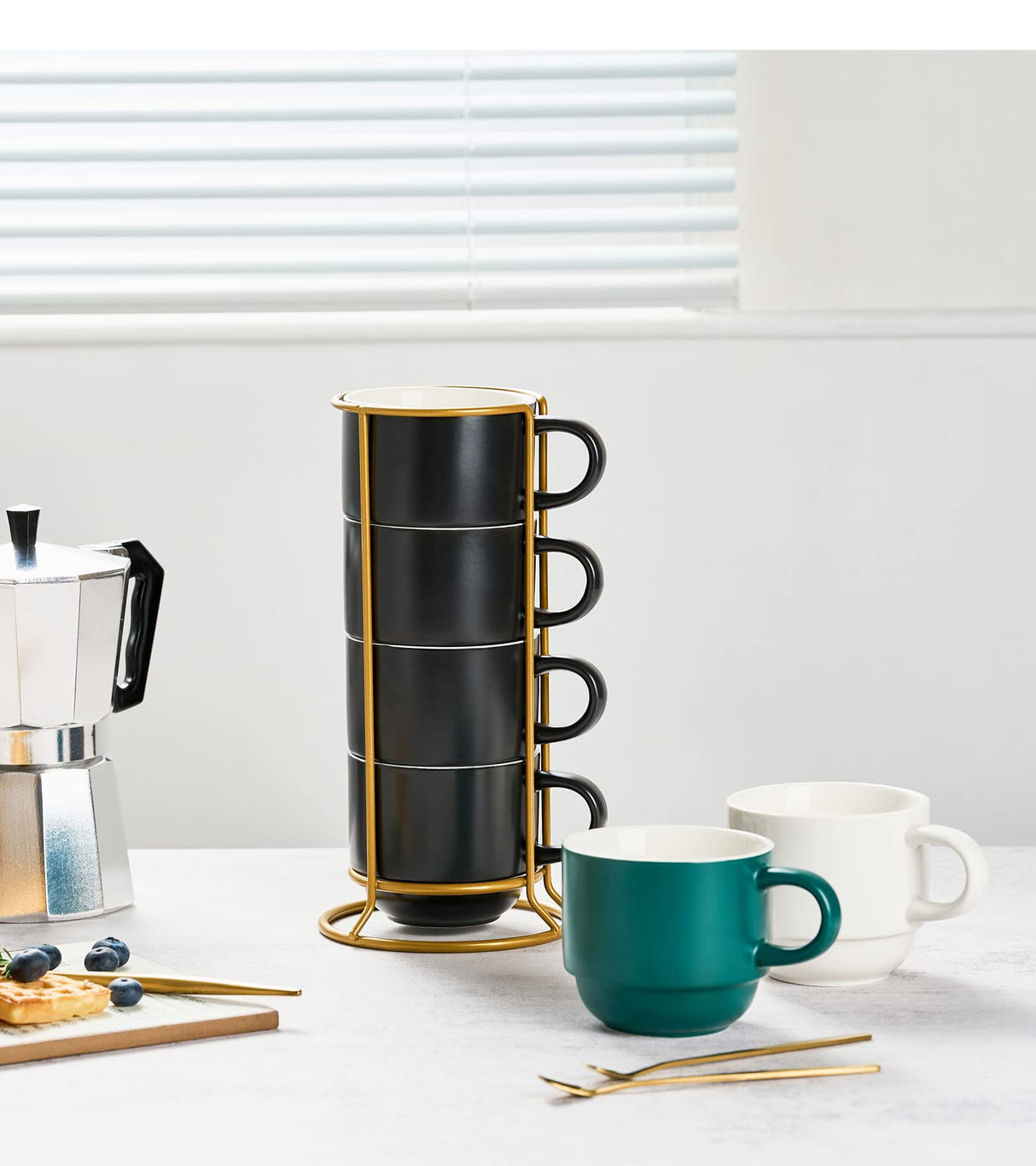 YHOSSEUN Porcelain Stackable Coffee Mug Set With Rack, Demitasse Cups with Espresso Spoons, 11 Oz For Coffee Drinks, Latte, Macchiato, Cafe Mocha Set of 4,Black YHOSSEUN