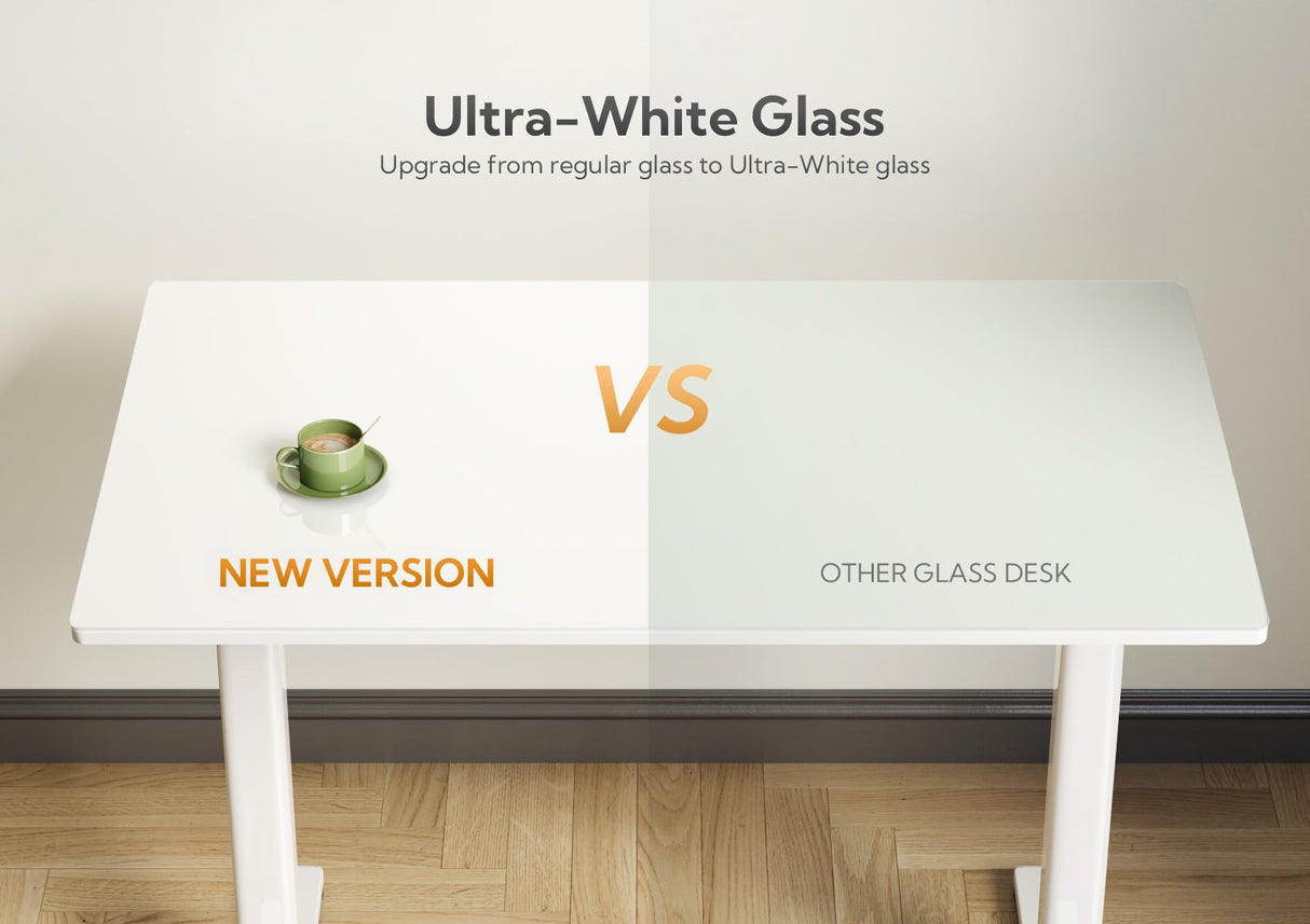 Claiks Glass Standing Desk, Electric Standing Desk Adjustable Height, 48 Inch Adjustable Stand Up Desk, Quick Install Home Office Computer Desk, Supter White Claiks