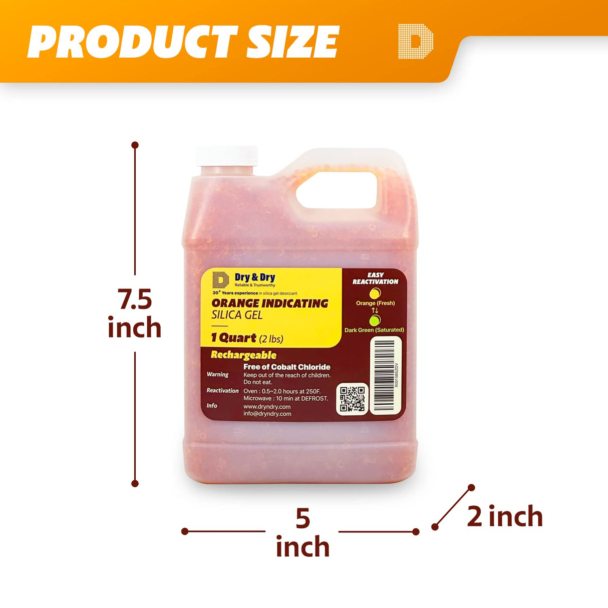 Dry & Dry" [1 Quart Premium Orange Indicating Silica Gel Desiccant Beads(Industry Standard 3-5 mm) - Rechargeable Silica Gel Beads(2 LBS) Dry & Dry