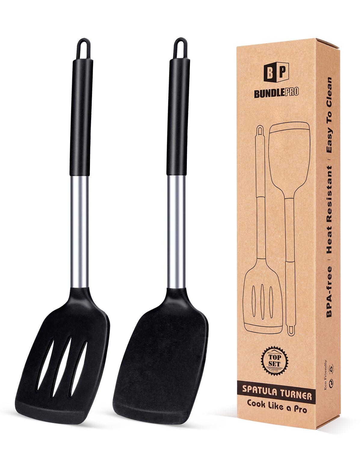 Pack of 2 Silicone Solid Turner, Non Stick Slotted Kitchen Spatulas, High Heat Resistant BPA Free Cooking Utensils, Ideal Cookware for Fish, Eggs, Pancakes(Black) BUNDLEPRO