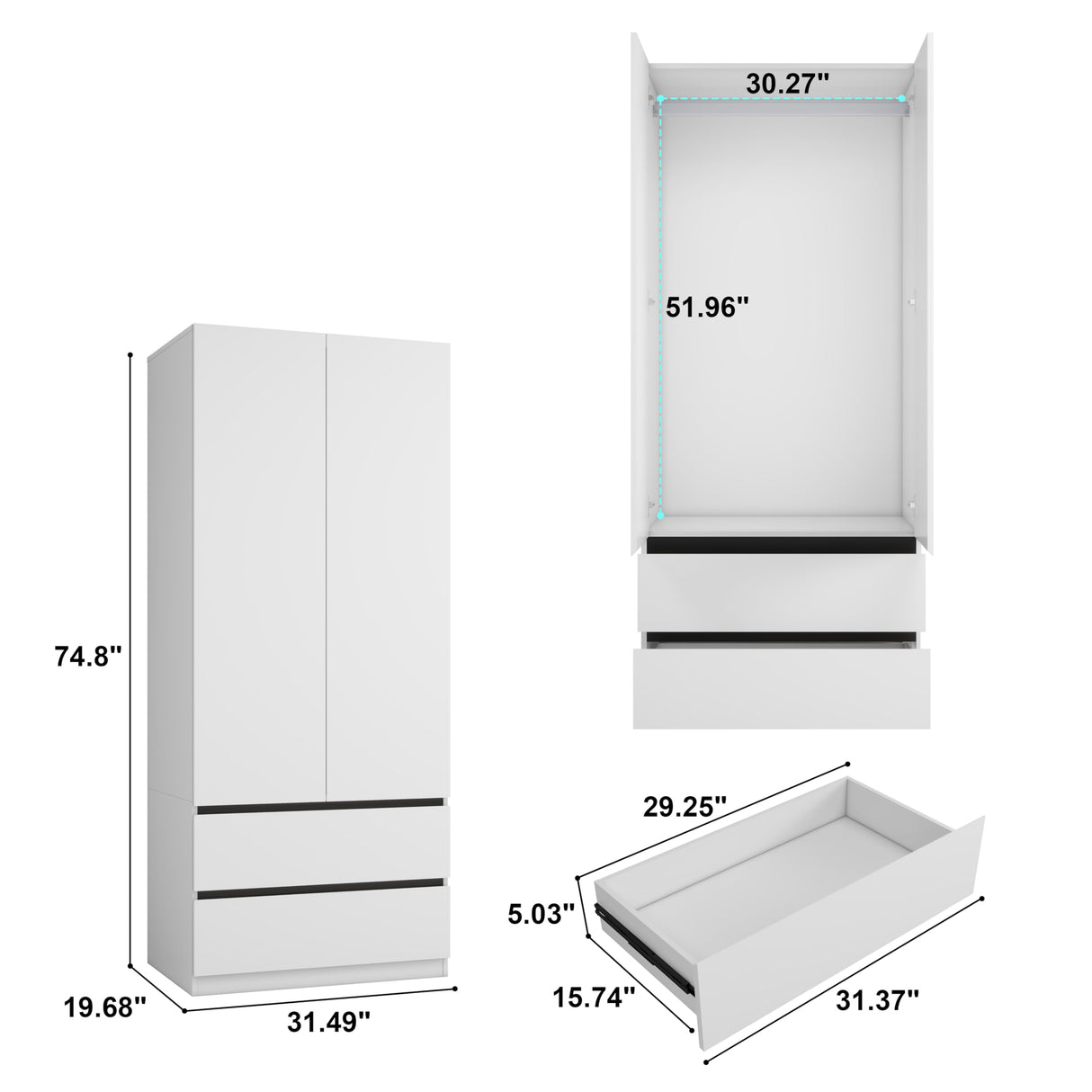 LABROSKIA Bedroom Armoire Wardrobe Closet with 2 Doors: 75" White Wooden Closet with 2 Drawers, Modern Large Wardrobe Closet for Hanging Clothes, Cabinet for Clothes(Contemporary, 1) LABROSKIA