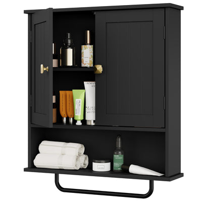 RRX Bathroom Cabinet Wall Mounted Medicine Cabinets with Towels Bar, Over The Toilet Storage Cabinet with 2 Doors and Adjustable Shelf, White Wall Cabinet for Bathroom Laundry Kitchen (Black)