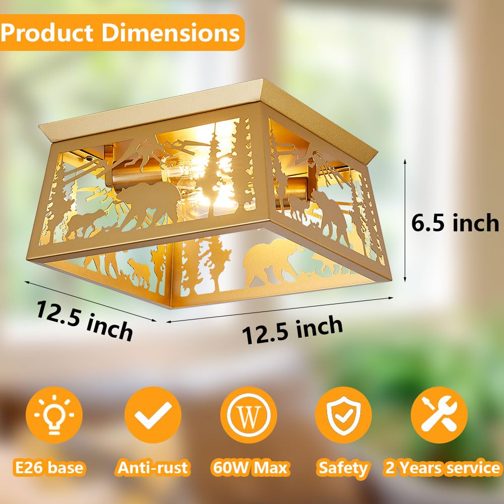 Gold Bear Lamp, Log Cabin Semi Flush Mount Ceiling Light Rustic Modern Farmhouse Golden Bear Light for Bedroom Entryway Living Room Foyer,E26 Base, 12.5" Feohak