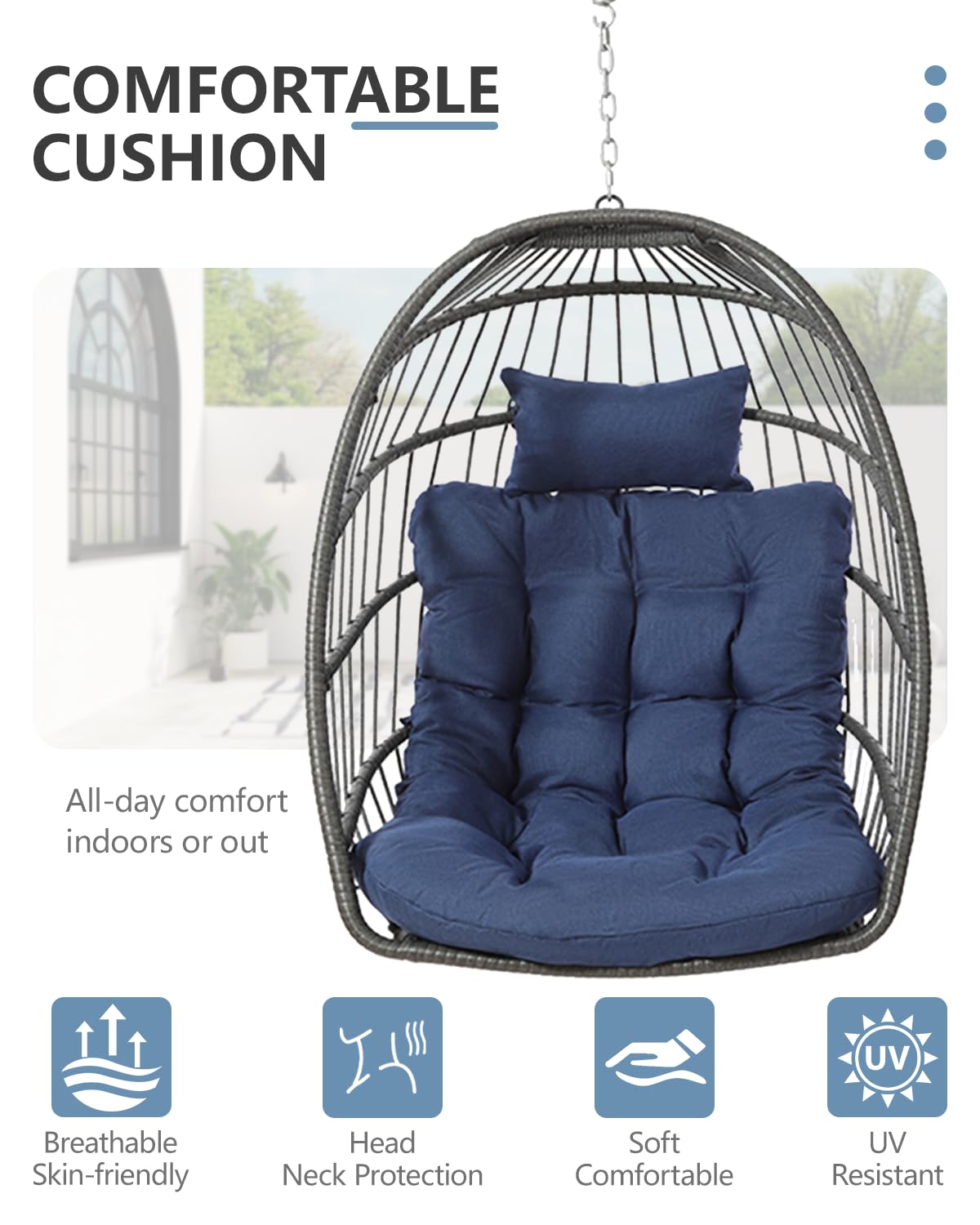 SWITTE Egg Chair Outdoor with Stand, Indoor Wicker Hanging Egg Swing Chair with Cushion, 350lbs Capacity for Patio, Bedroom, Garden - Dark Blue SWITTE