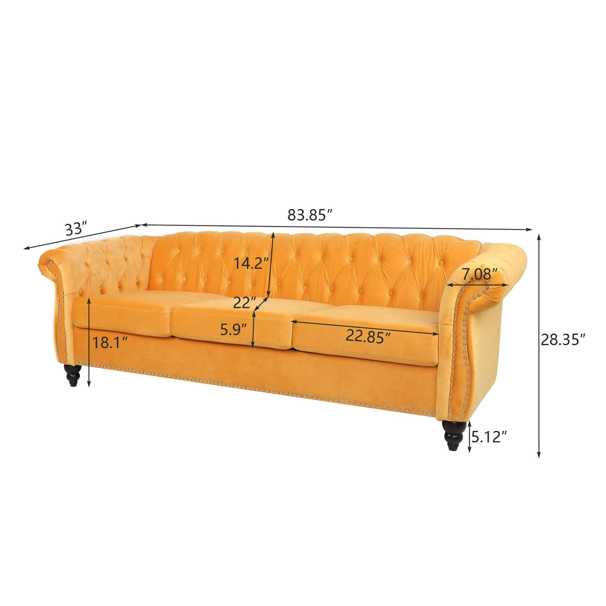PHOYAL Modern 3 Seater Couch, Large Sofa Furniture, Roll Arm Classic Tufted Chesterfield Settee Velvet Sofa with Channel Tufted Seat Back for Living Room, Yellow PHOYAL