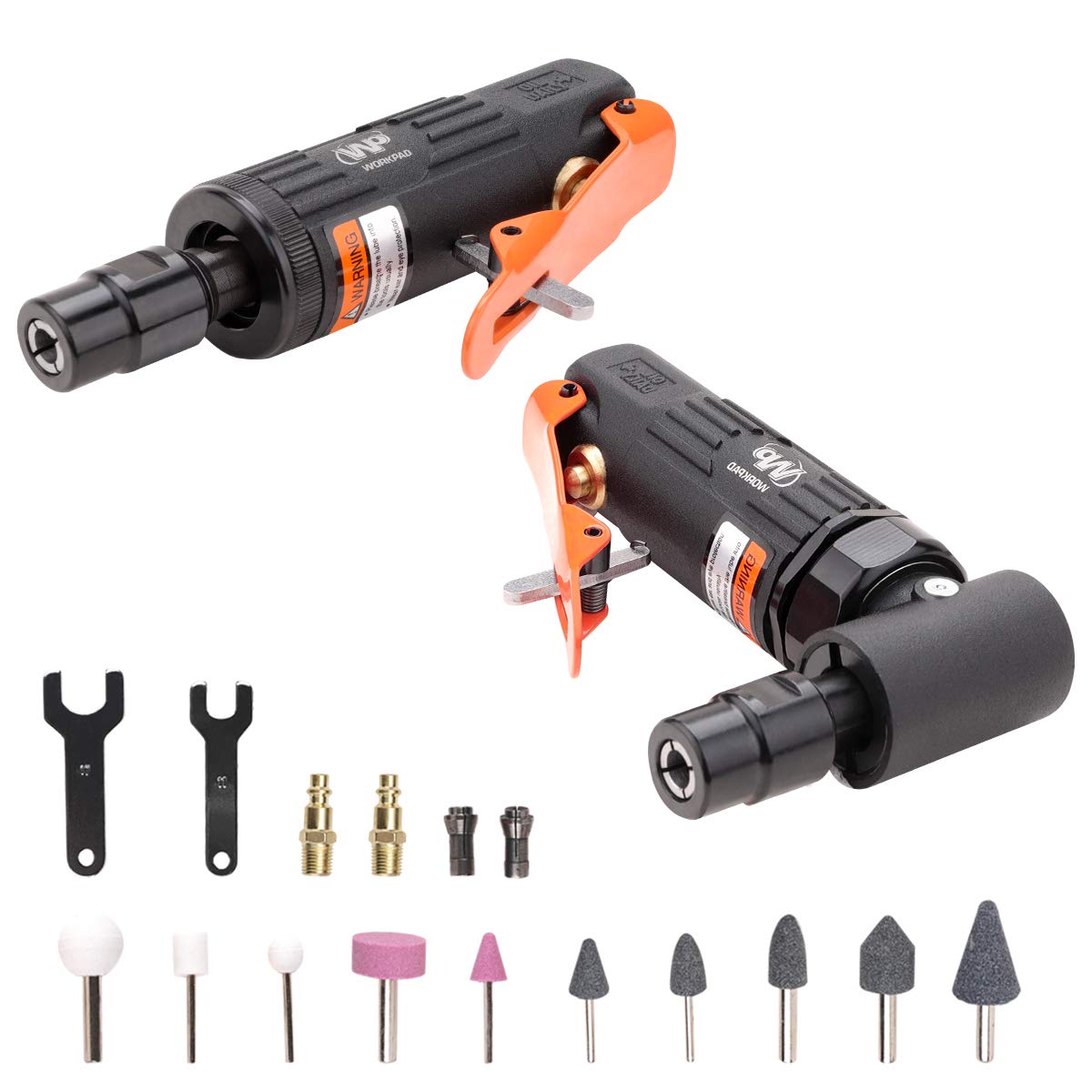 WORKPAD 12PCS Air Die Grinder Set, Straight/Angled Air Die Grinder Kit with 1/4 and 1/8 inch Collets, 10-Pieces Air Die Grinder Stone Set, Pneumatic Tools WP WORKPAD