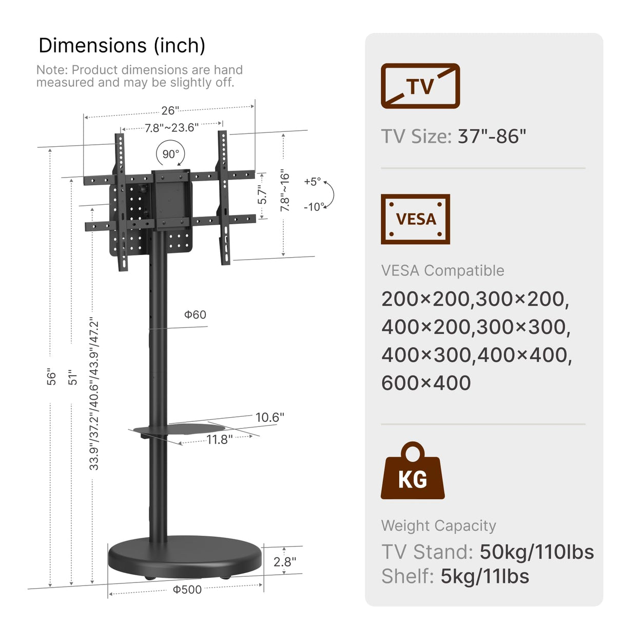 ECOTINY Height Adjustable Rolling TV Stand for 37-86 Inch TV up to 110 Pounds, Portrait to Landscape, Heavy Duty Mobile TV Cart with Shelf Max VESA 600x400mm (White) ECOTINY