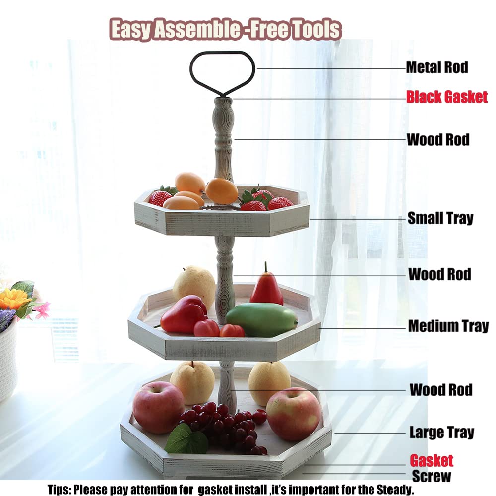 3 Tiered Serving Tray Wooden Farmhouse Decorative Tray, 3 Tier Tray for The Coffee Table, Kitchen Rustic Dinning Tiered Tray, Home Decor Tray, Three Tier Tray Cupcake Stand Display Tray MRPAPA