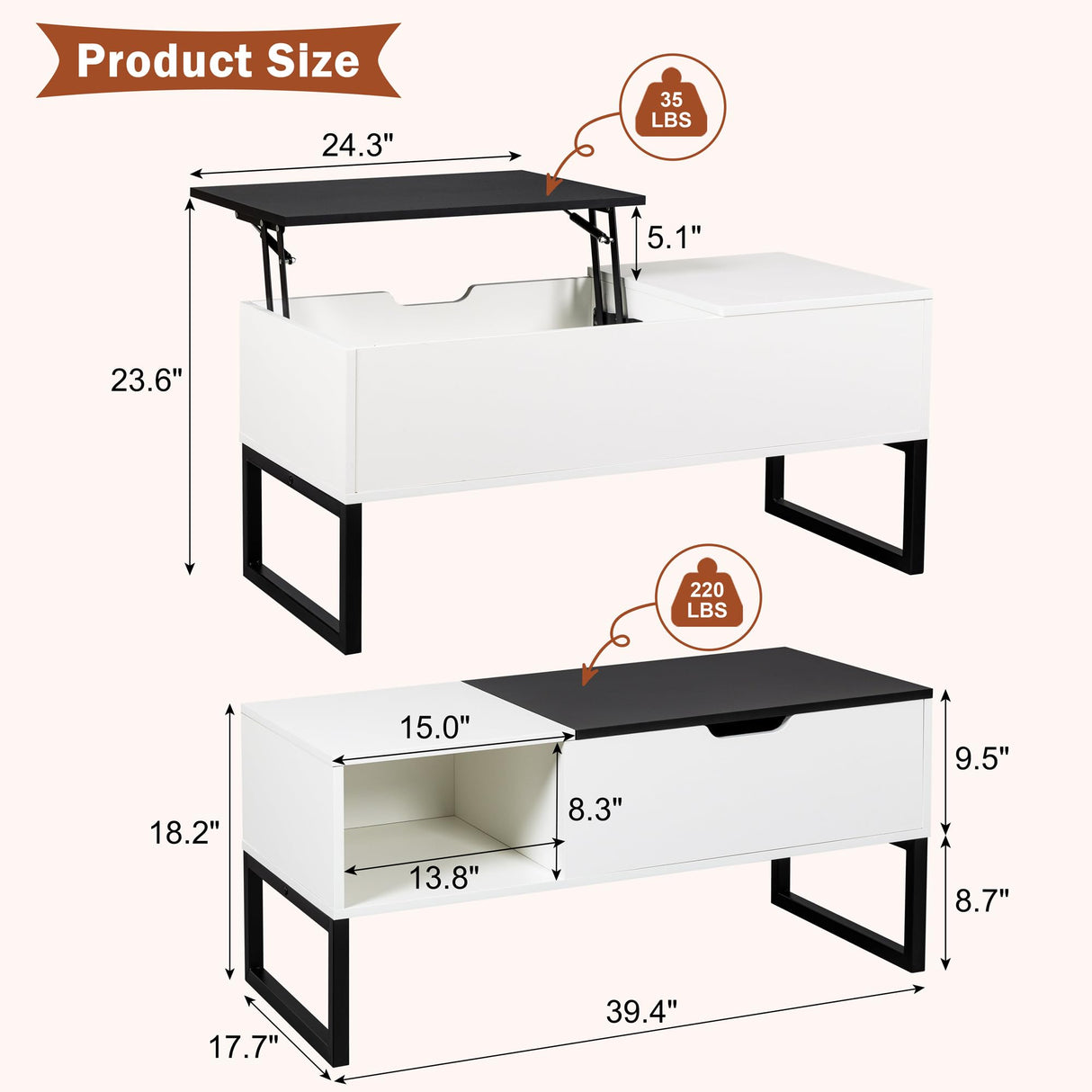 Koifuxii White Coffee Table with Black Lift Top - Modern Industrial Coffee Table with Lifting Top and Hide Compartment Storage - 40 Inch Rectangle Lift Coffee Tables for Living Room Koifuxii
