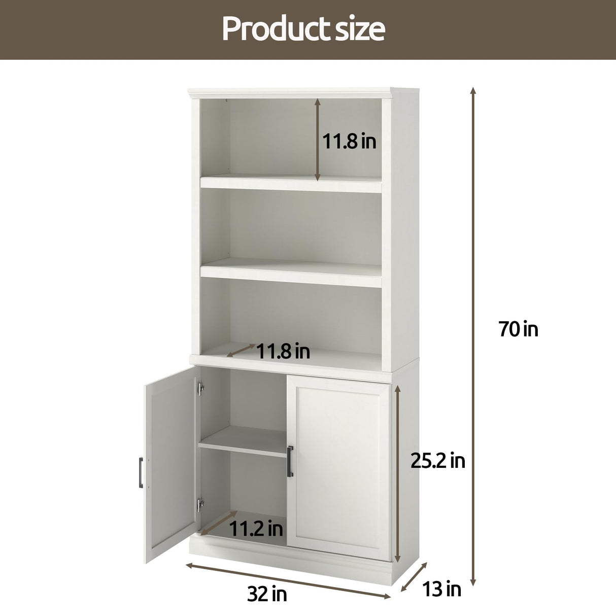 70 Inch Tall Bookcase with Doors, Library Office Bookshelf with Adjustable Shelves, Floor Standing Storage Cabinet for Bedroom Living Room Organizer with Anti Tipping Kit, Soft White Finish Bevfint