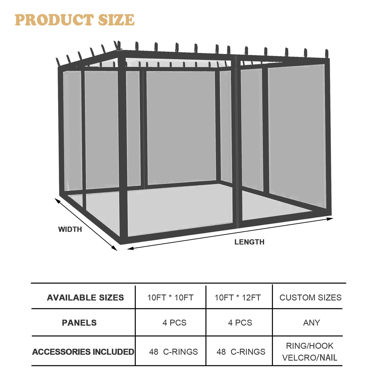 Coverify Replacement Gazebo Mosquito Netting 10x10FT, Universal Outdoor Pergola 4-Panel Patio Screen Walls with Zipper (Mosquito Netting ONLY, Black) Coverify