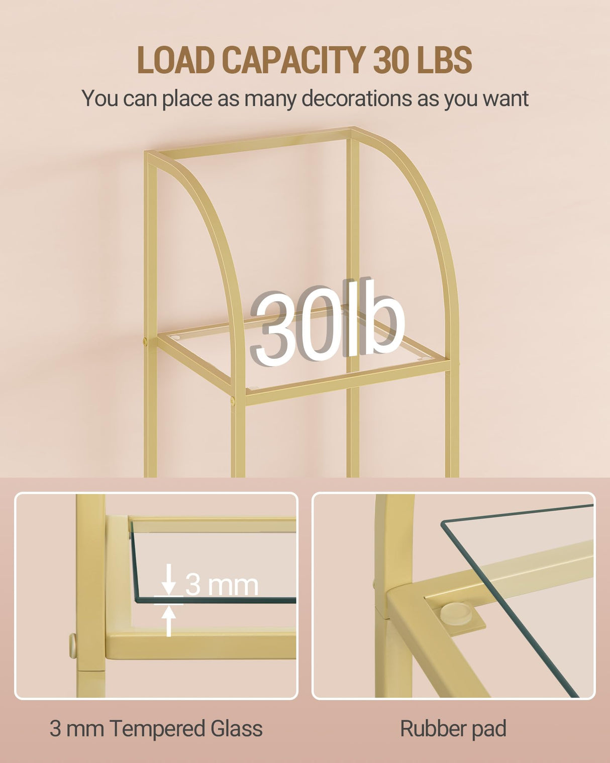 Hzuaneri Bookcase Bookshelf, Tempered Glass Arched Bookshelf for More Storage, Slim Shelving Unit for Bedroom, Bathroom, Home Office, Steel Frame, 5 Tier Gold BC20599G Hzuaneri