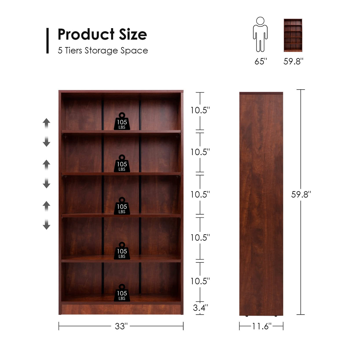 Farini Cherry Bookshelf 5 Shelf Office Bookcase 60 Inches Tall Modern Wood Bookshelf for Living Room Office Farini