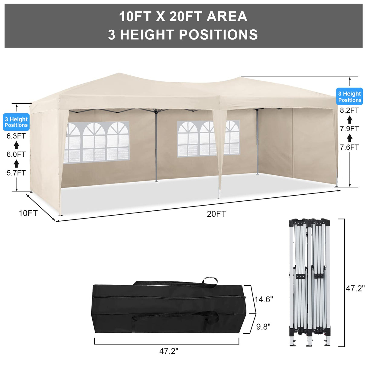 TUKAILAI 10' x 20' Pop Up Gazebo Marquee, Anti-UV Party Wedding Tent Event Shelters with 6 Removable Sidewalls & Carry Bag, Heavy Duty Instant Canopy for Outdoor Camping Garden Patio (Cream) TUKAILAi