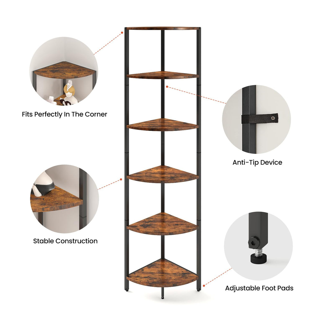 IRCPEN 6 Tier Corner Shelf, Industrial 63.1" Tall Ladder Corner Storage Shelf with Adjustable Feet,Rustic Display Rack Multipurpose Bookshelf Bookcase,Plant Stand for Living Room, Bedroom (Brown) IRCPEN