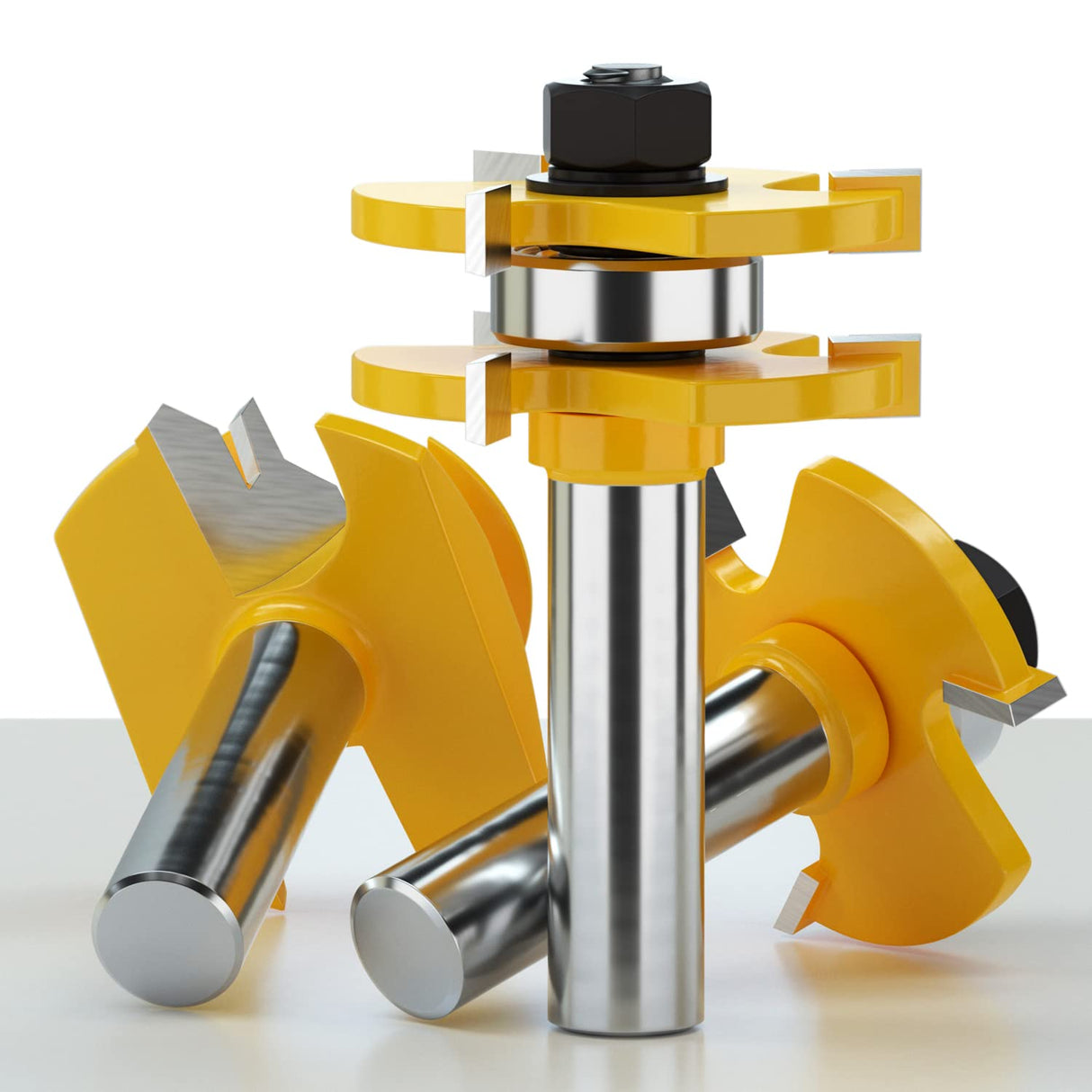 Helovmine Tongue and Groove Router Bit Tool Set 3 Teeth Adjustable T Shape Wood Milling 1/2 Inch Shank with 45°Lock Miter Bit 1/2 Inch Shank for Router Table /Base Router/Kitchen/Bathroom - Pack of 3 Helovmine