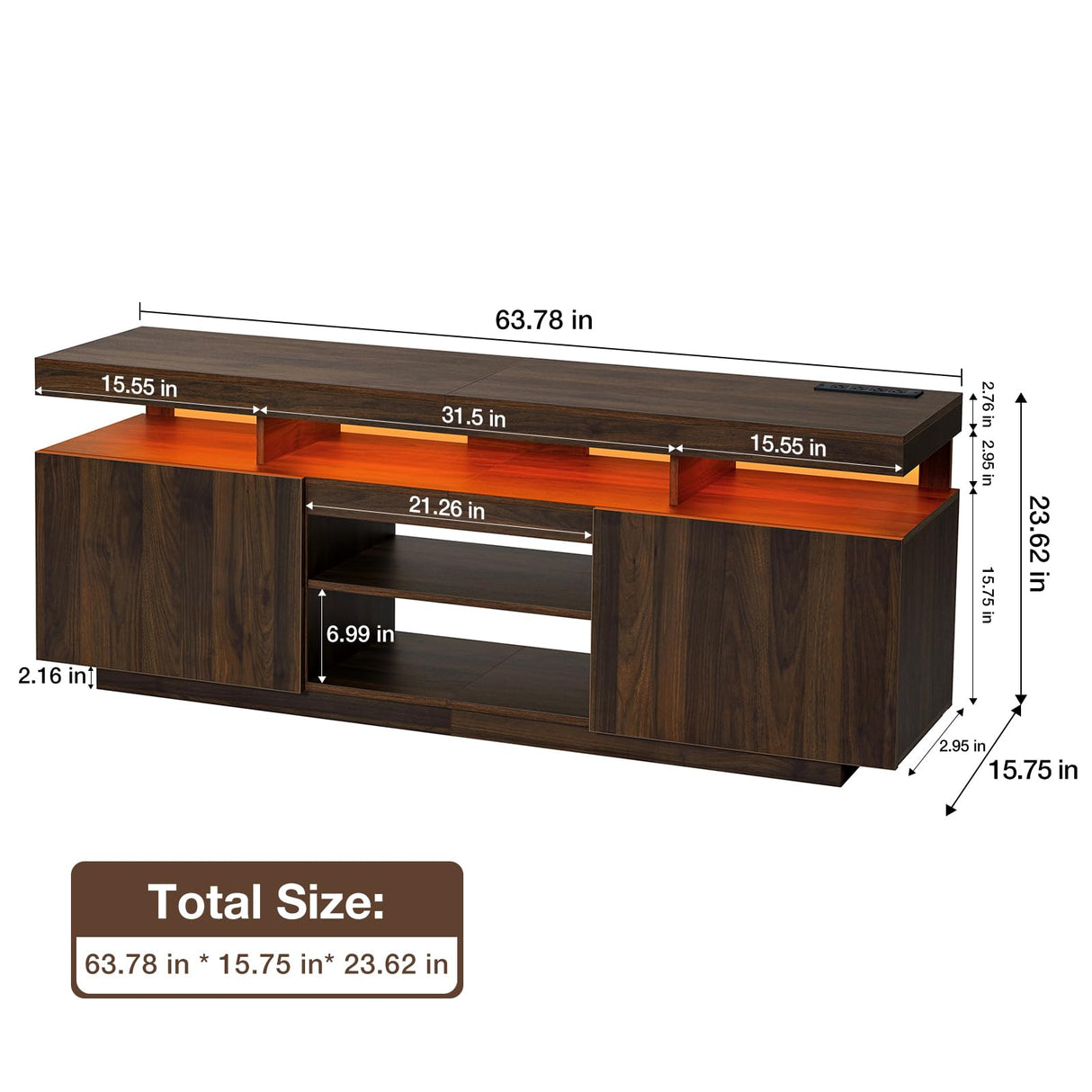HOMMPA LED TV Stand with Power Outlets for up to 70" TV Modern Entertainment Center with Storage, Gaming TV Consoles with LED Lights Game Cabinet for Living Room Walnut HOMMPA