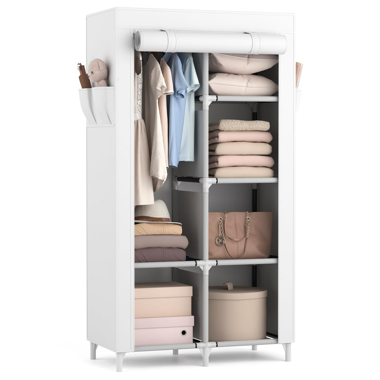 ROJASOP Portable Closet Wardrobe Closet for Hanging Clothes with 6 Storage Shelves, 1 Hanging Rod and 4 Pockets, Clothes Organizer and Storage Wardrobe Free Standing Closet for Bedroom, White ROJASOP