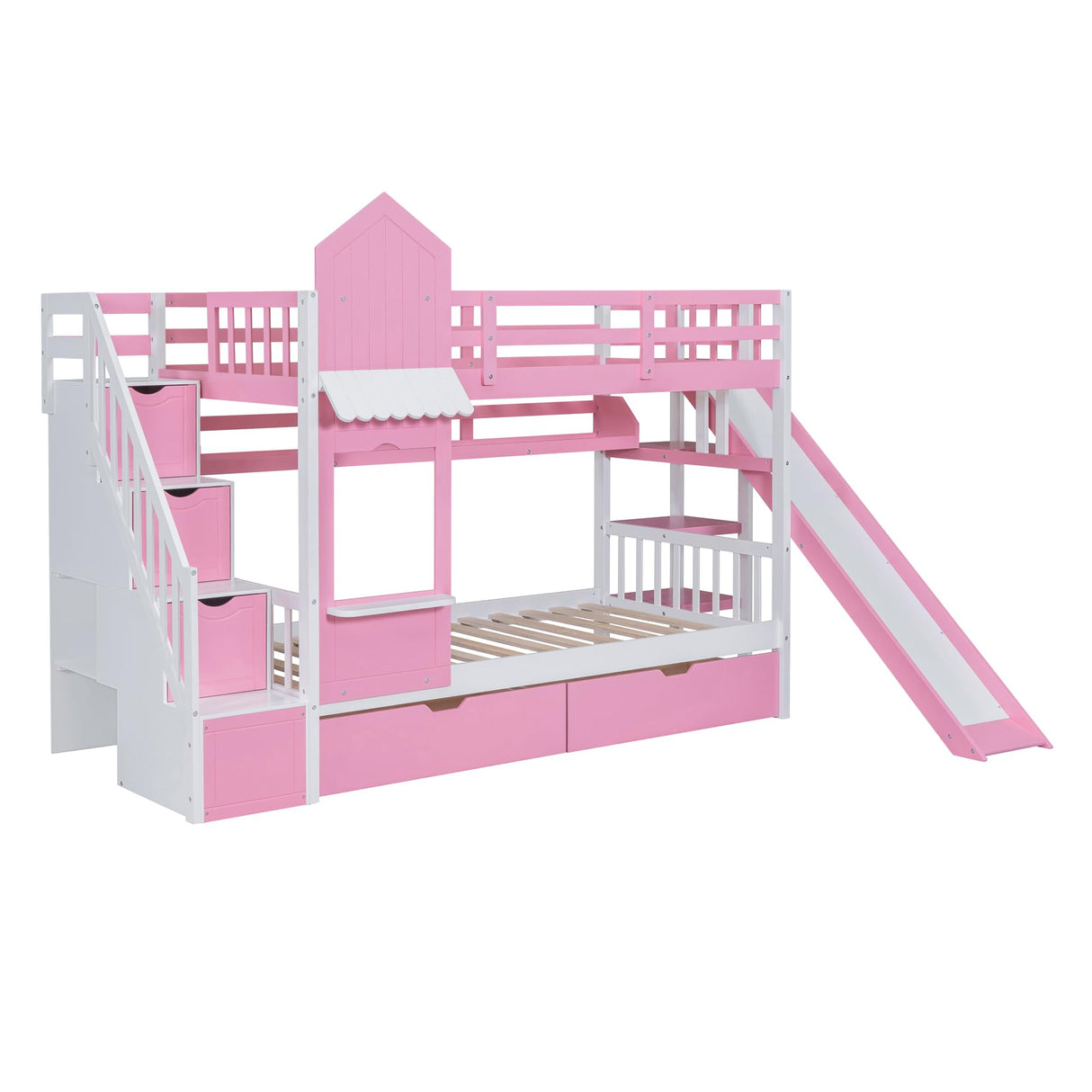 Ball & Cast Twin-Over-Twin Castle Style Bunk Bed,Wood Bunkbed w/ 2 Drawers and 3 Shelves,Full-Length Fence,Bedframe with Slide & Storage Ladder,Space Saving,Slat Support,for Child's Bedroom,Pink Ball & Cast