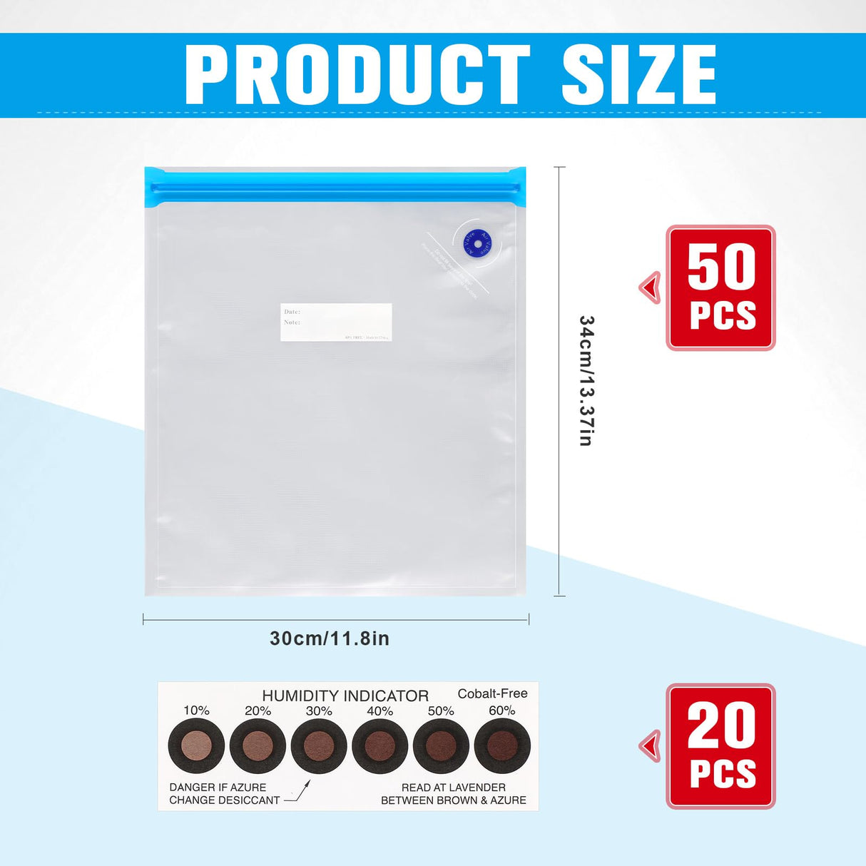 Jetec 70 Pcs 3D Filament Storage Bags Vacuum Bag Kit, Include 50 Reusable Vacuum Seal Bags 30 x 34 cm 3D Printer Filament Bags and 20 Cobalt Free Humidity Indicator Card for Keeping Filament Dry Jetec