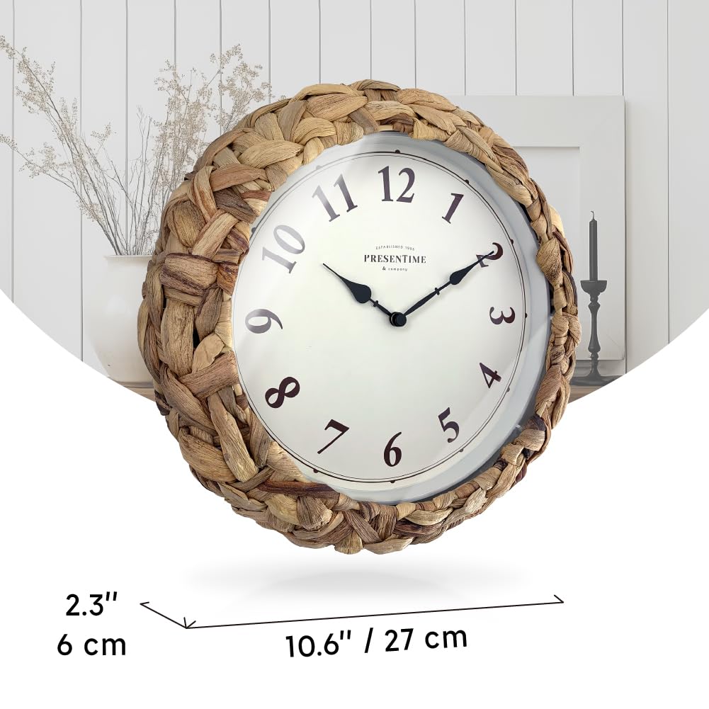 Presentime & Co Farmhouse Series, Rustic Woven Clock, 10.5 inch, Natural Woven Water Hyacinth/Sea Grass. Wall Sculpture, Wall Art and Timepiece for Home Decoration/Decoration/Farmhouse Décor. Presentime