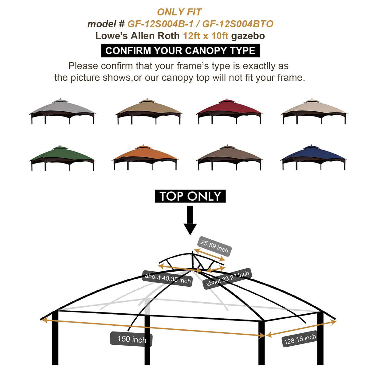 Eurmax USA High Performance Replacement Canopy Top for Lowe's Allen Roth Heavy Duty Gazebo Roof Gazebo Top with Air Vent 10X12 Gazebo Cover #GF-12S004B-1, Replacement Top Only (Khaki) Eurmax