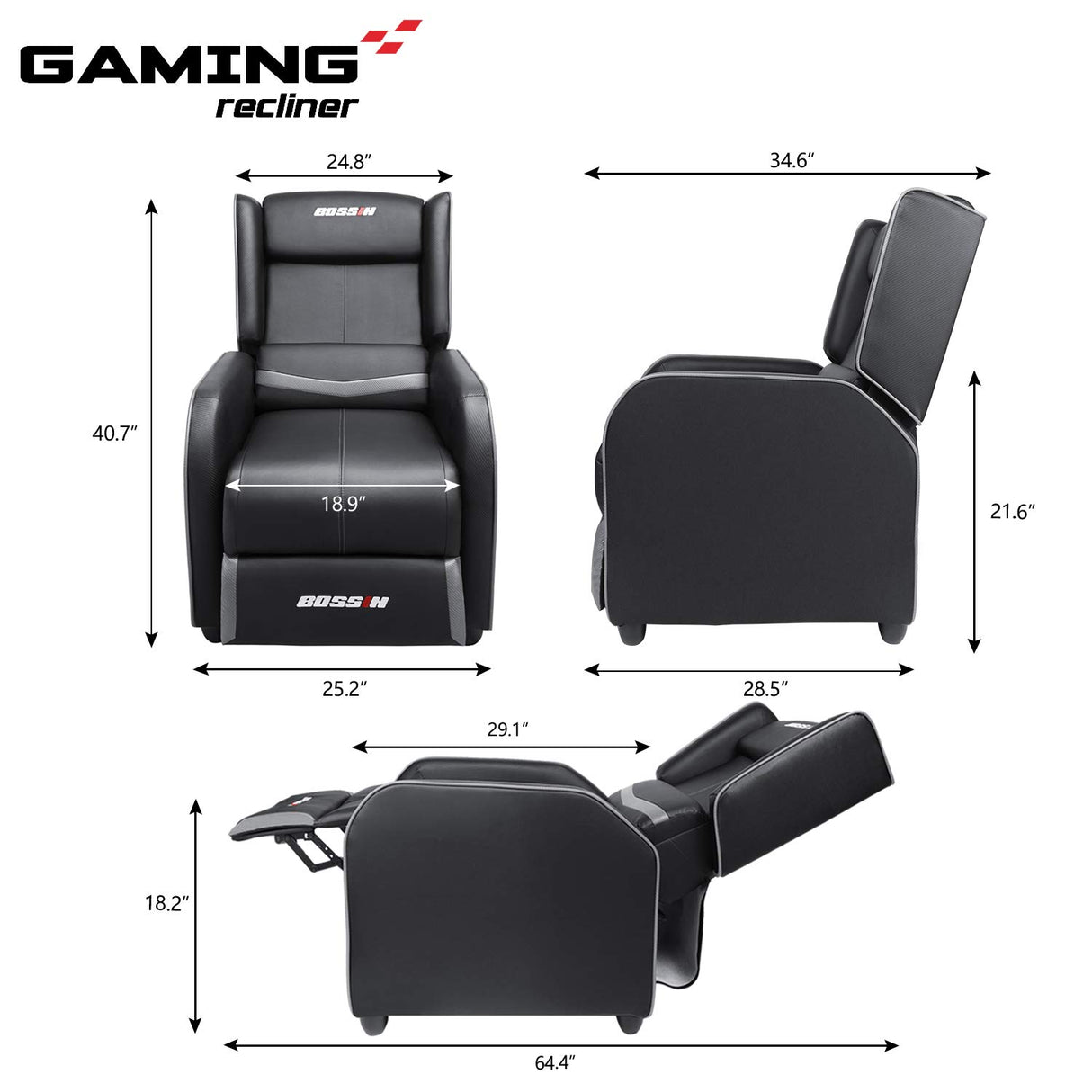 LEMBERI Gaming Recliner Chair for Adults, PU Leather Home Theater Seating Video Game Chairs for Living Room Ergonomic Racing Style Single Movie Gamer Lounge Sofa Grey LEMBERI
