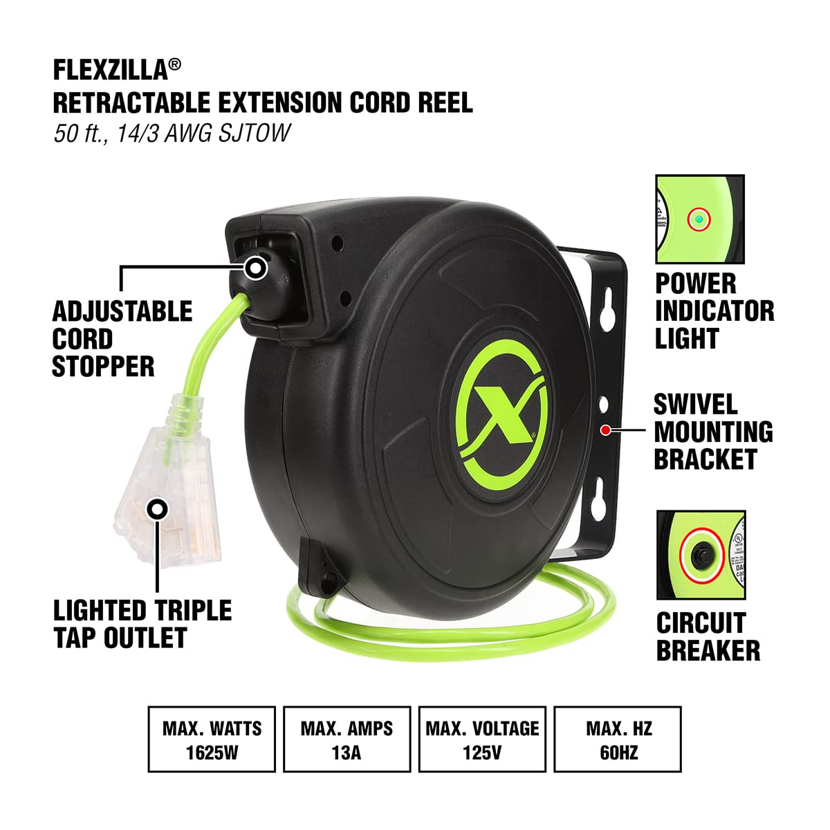 Flexzilla Retractable Extension, 14/3 AWG SJTOW, 50', Grounded Triple Tap Outlet Electric Cord Reel, ZillaGreen, FZ8140503 Flexzilla