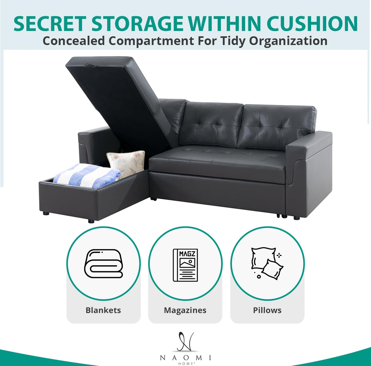 Naomi Home Jenny Sectional Sofa Sleeper with Storage Chaise, Tufted Pull Out Couch with Storage, Sectional Sofa Bed, L-Shaped Reversible Sleeper Sofa with Storage, Dark Gray,Air Leather Naomi Home