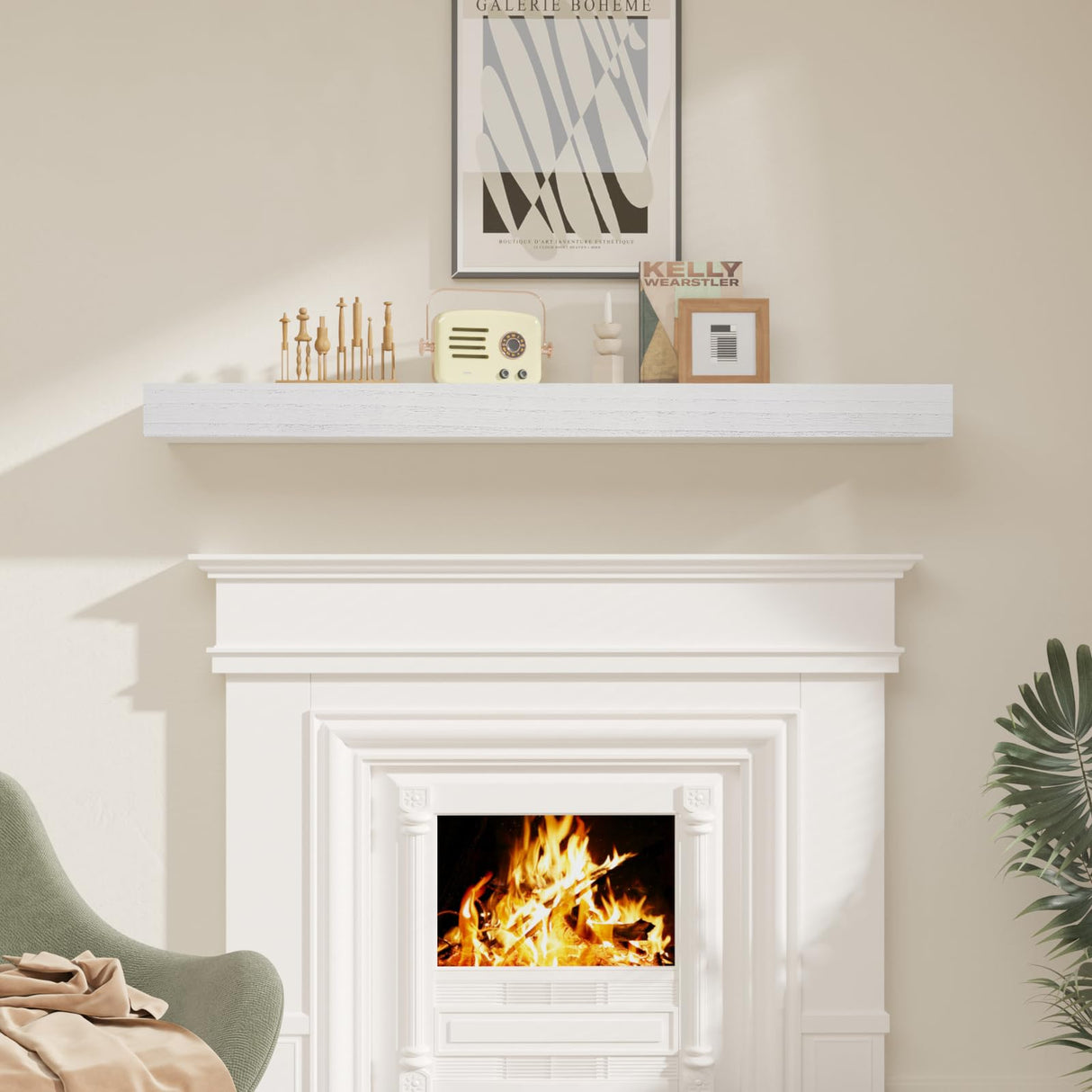 SAUMONIERES Fireplace Mantel Shelves 60 Inch Solid Wood Wall Mounted Long Floating Shelf Hollow, White SAUMONIERES