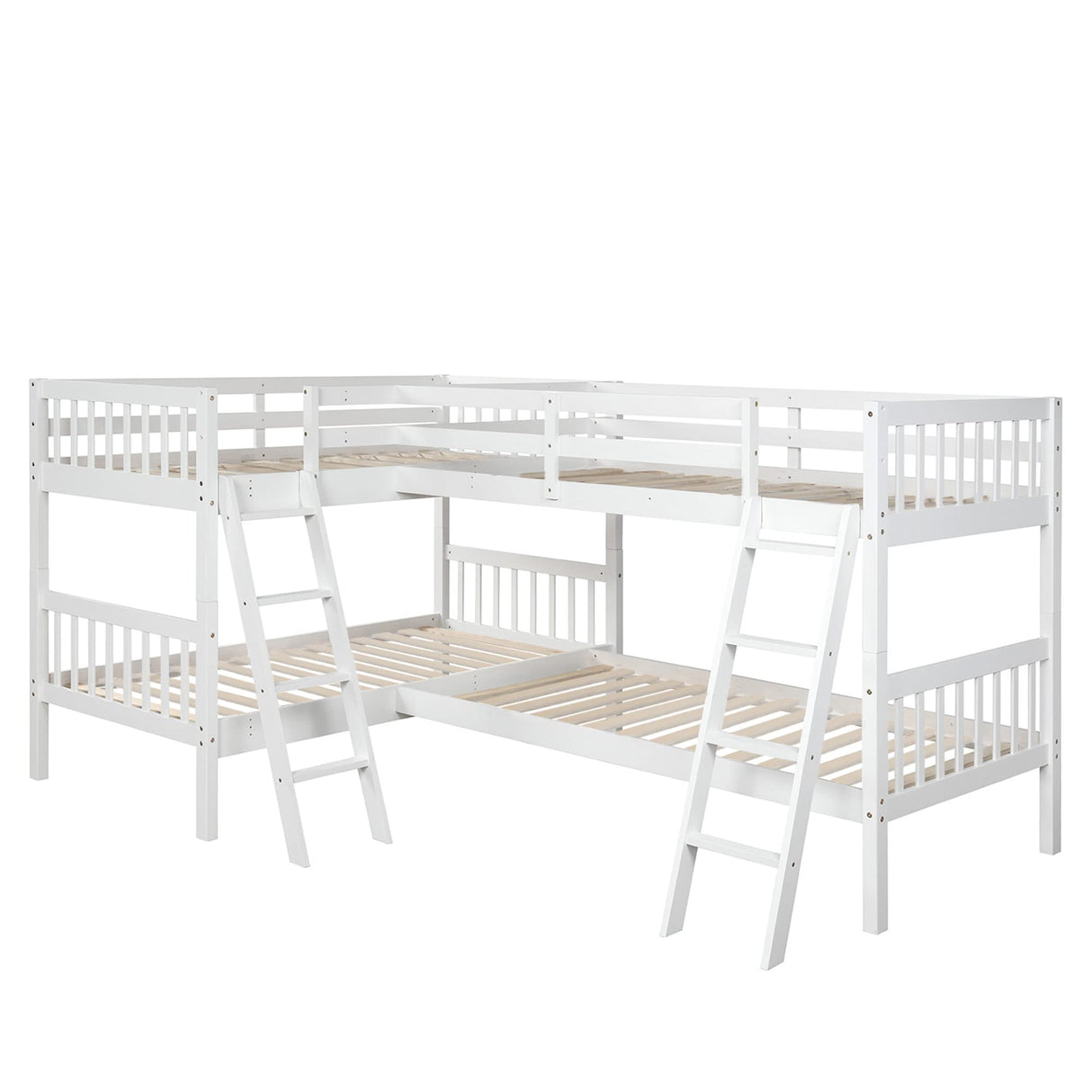 Four Bed, Twin Over Twin L-Shaped Bunk Bed with 2 Ladders, Wooden Corner Bunk Beds for 4 Person, Quad Bunk Bed with Angle Ladder and Guardrail for Children Teens Adults, No Box Spring Needed,White TRIPLE TREE