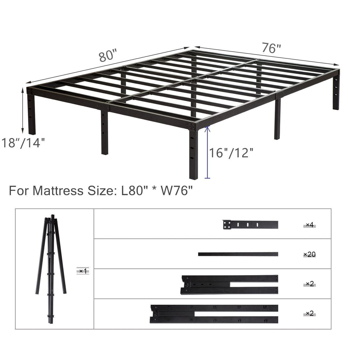Wulanos King Size Bed Frame, 3500lbs Heavy Duty Metal Frames with Steel Slats Support 14 Inch High Platform Bedframe with Storage, No Box Spring Needed, Sturdy and Durable Noise-Free, Black Wulanos