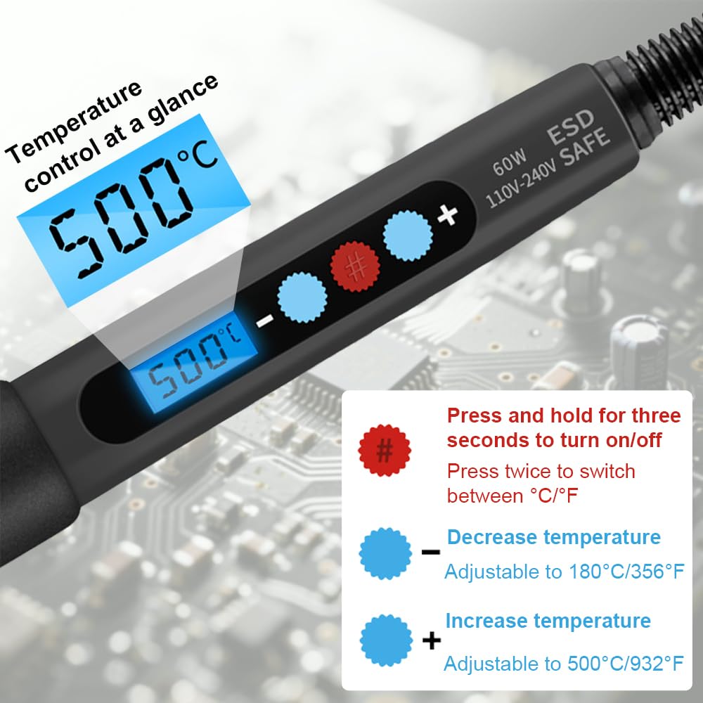60W Soldering Iron Kit with LED Display – Adjustable Temperature 180-500°C Welding Tools with Tips, Wire, Flux, Desoldering Pump & Storage Case for DIY Electronics, Metal Repair BATALO