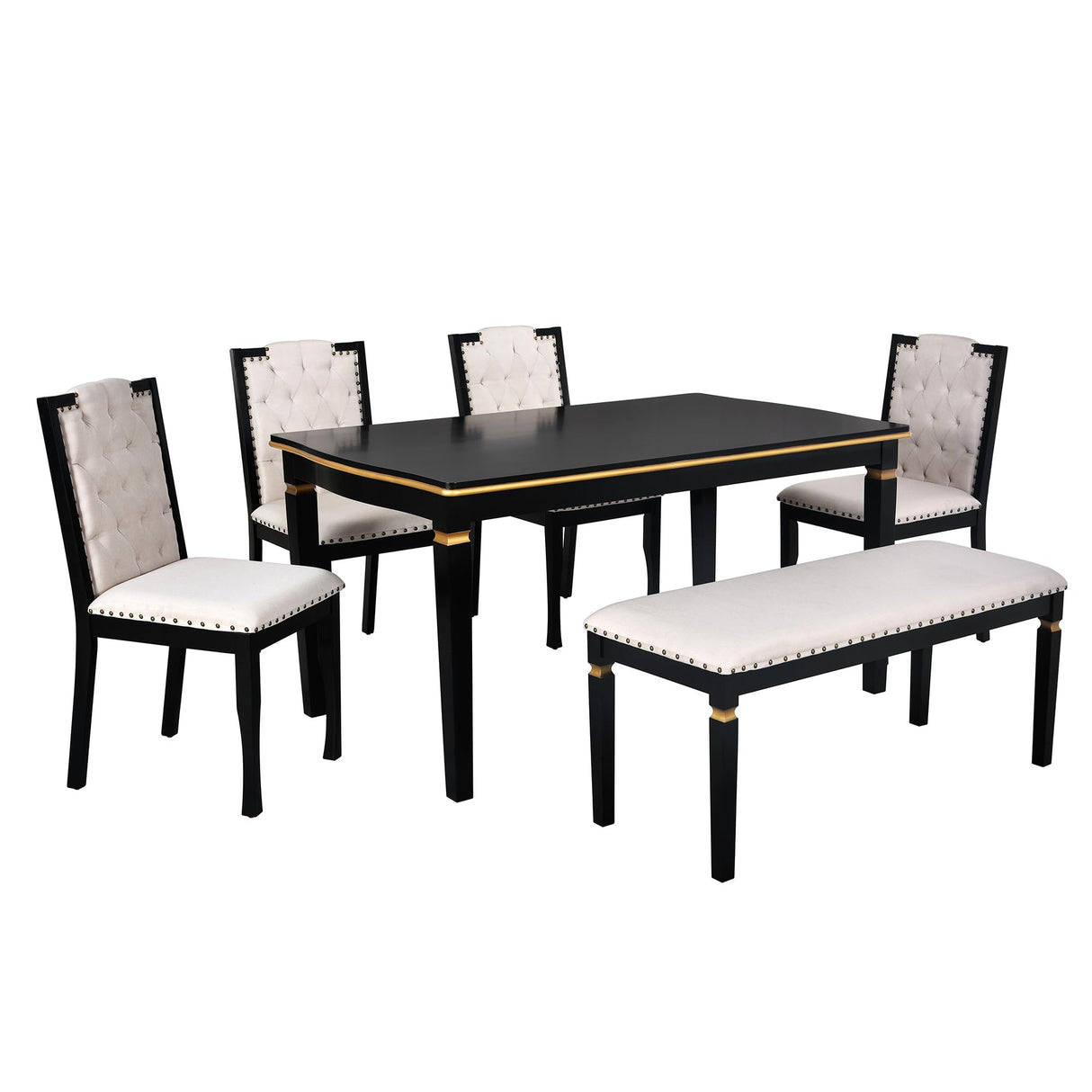 Merax 6 Piece Dining Table Set with Bench, 60" Wooden Rectangular Table with 4 High-Back Tufted Chairs & 1 Bench, Kitchen Dining Room Table Set for 6 People, Black Merax