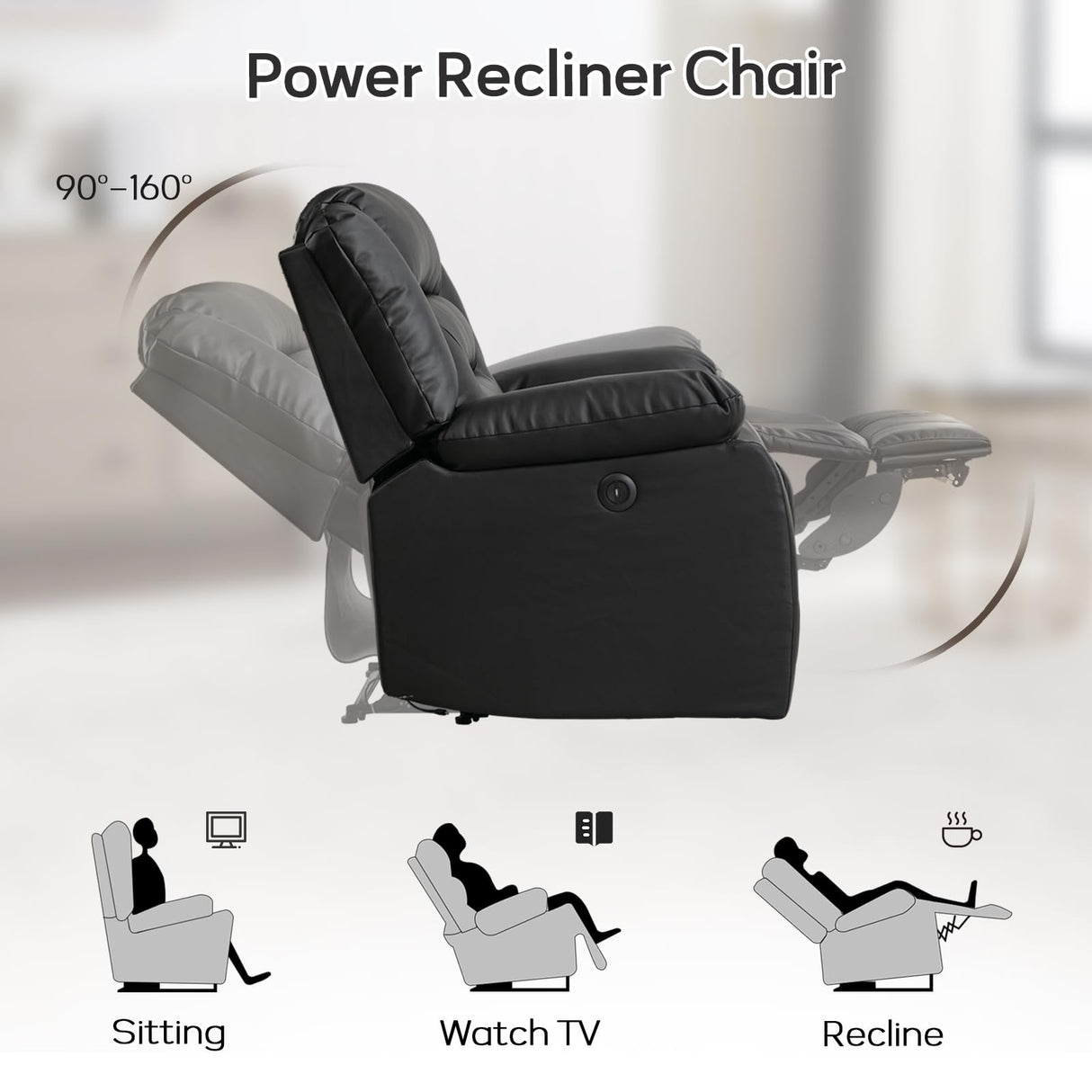 EBELLO Faux Leather Power Loveseat Recliner, Electric Reclining Sofa Chair, Overstuffed Comfortable Armrest Couch Set for Living Room, Bedroom Furniture, Meeting Room, Black (Loveseat) EBELLO