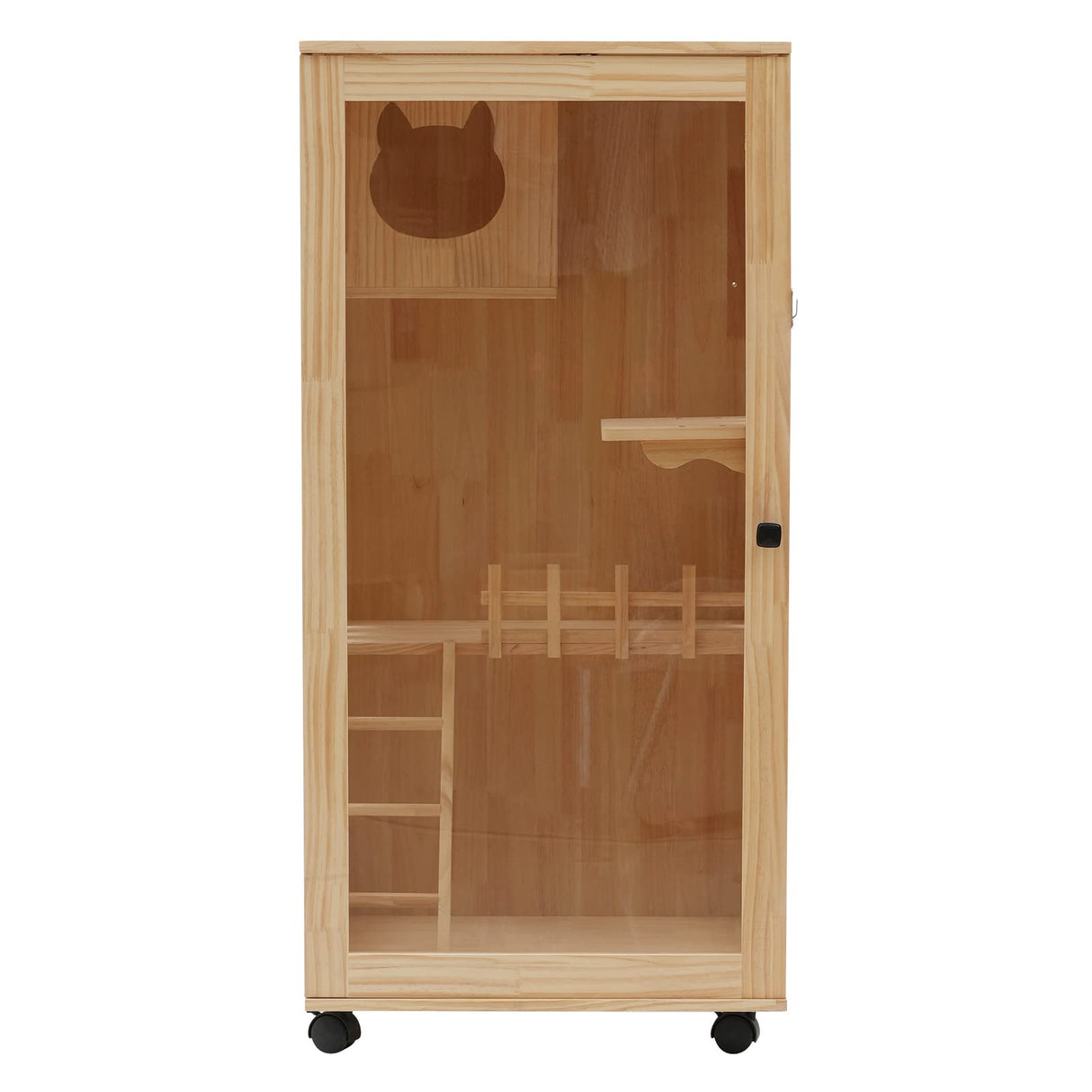 KUMOYOU Wooden Cat House, Large Space Kitten Cage, Enclosure Catio with Ramp and Covered, Lockable Wheels Double Layer Pet Home, Animal Cages for Outdoor Indoor Terrace (Wood, H47.24Inch) KUMOYOU