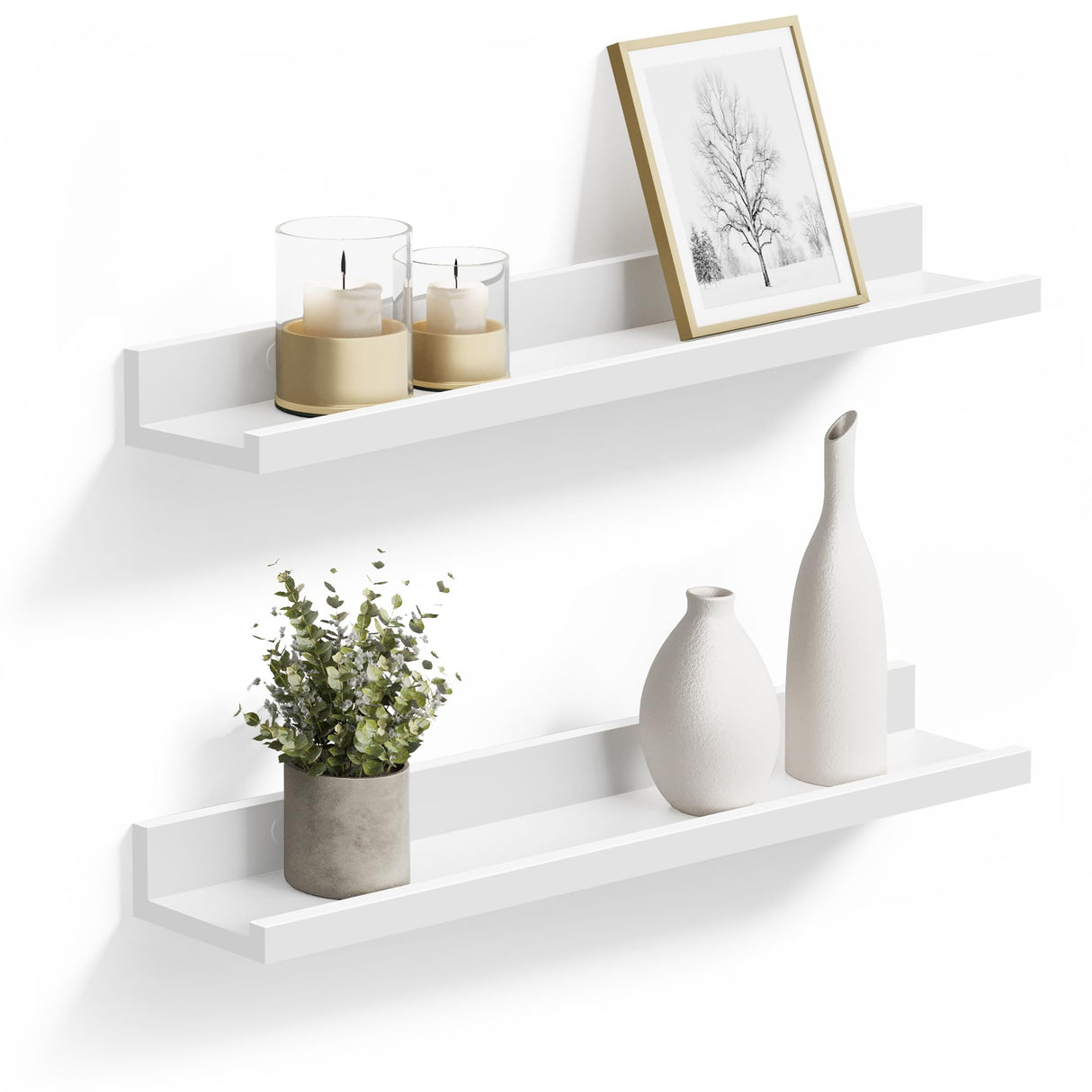SONGMICS Floating Shelves Set of 2, Wall Shelves Ledge 23.6 x 3.9 Inches with Front Edge, for Picture Frames, Books, Spice Jars, Living Room, Bathroom, Kitchen, Easy Assembly, White ULWS60WT SONGMICS