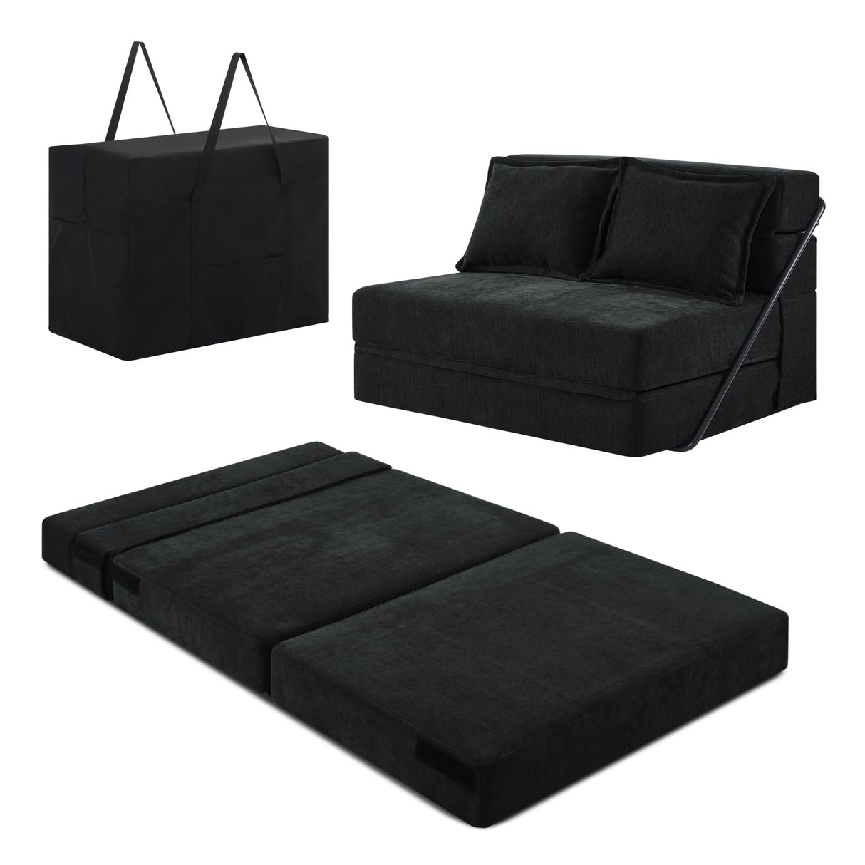 VINGLI Futon Sofa Bed Black Sleeper Sofa Chair Bed Floor Sofa Twin Small Couch Folding Mattress Couches for Living Room Floor Chair Freestanding RV Futon Couch for Indoor and Outdoor VINGLI