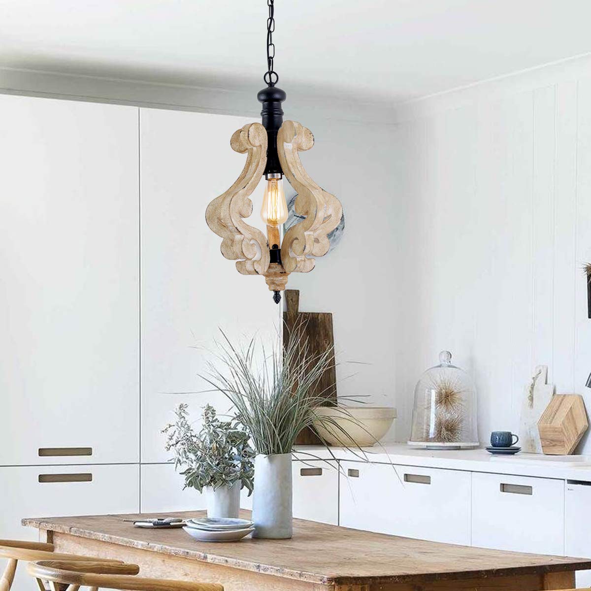PUUPA Kitchen Light Fixtures,Farmhouse Pendant Light Single Adjustable Rustic Wooden Hanging Island Chandelier PUUPA