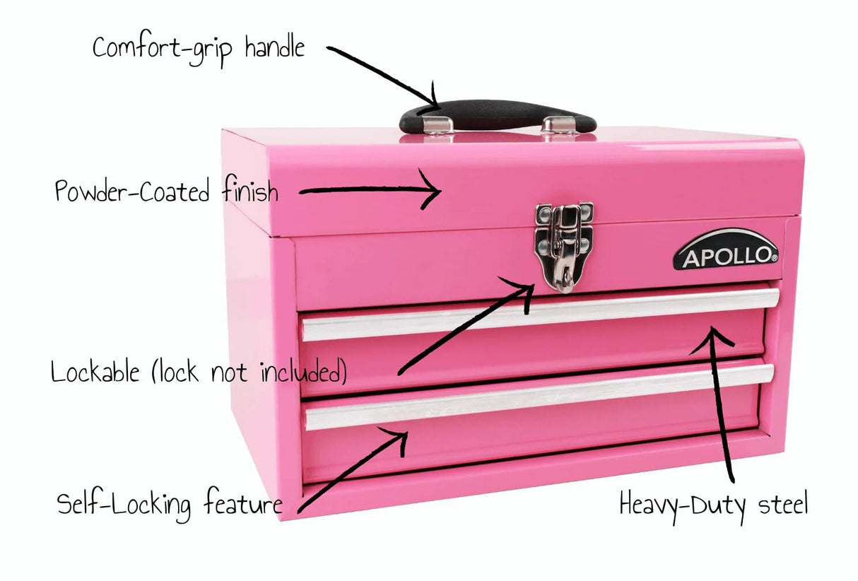 Apollo Tools 14 Inch Steel Tool Box with Deep Top Compartment and 2 Drawers in Heavy-Duty Steel With Ball Bearing Opening and Powder Coated Finish - Pink Ribbon - Pink - DT5010P Apollo