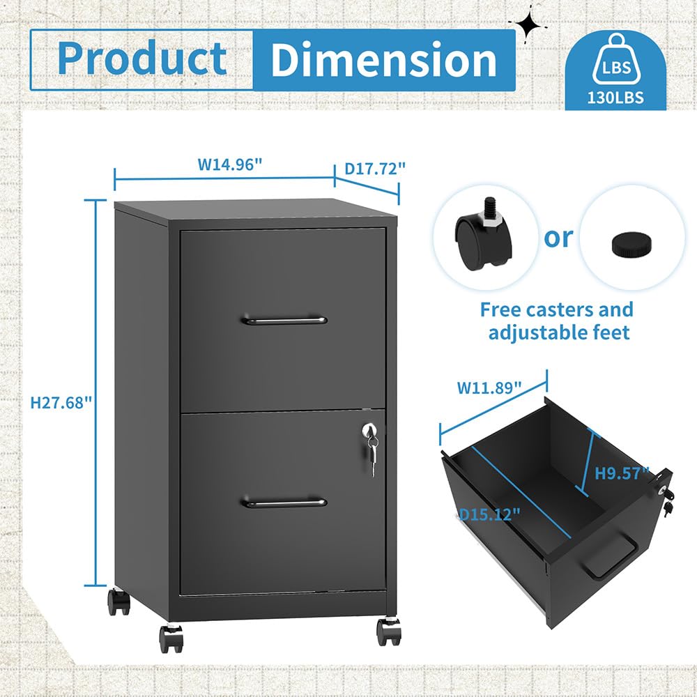 FLIXELIO 2 Drawer File Cabinet with Lock,Small Rolling Metal Office Storage Mobile Filing Cabinet Under Desk,Vertical Locking File Cabinets with Wheels for Home Office,Legal Required Assembly,Black FLIXELIO